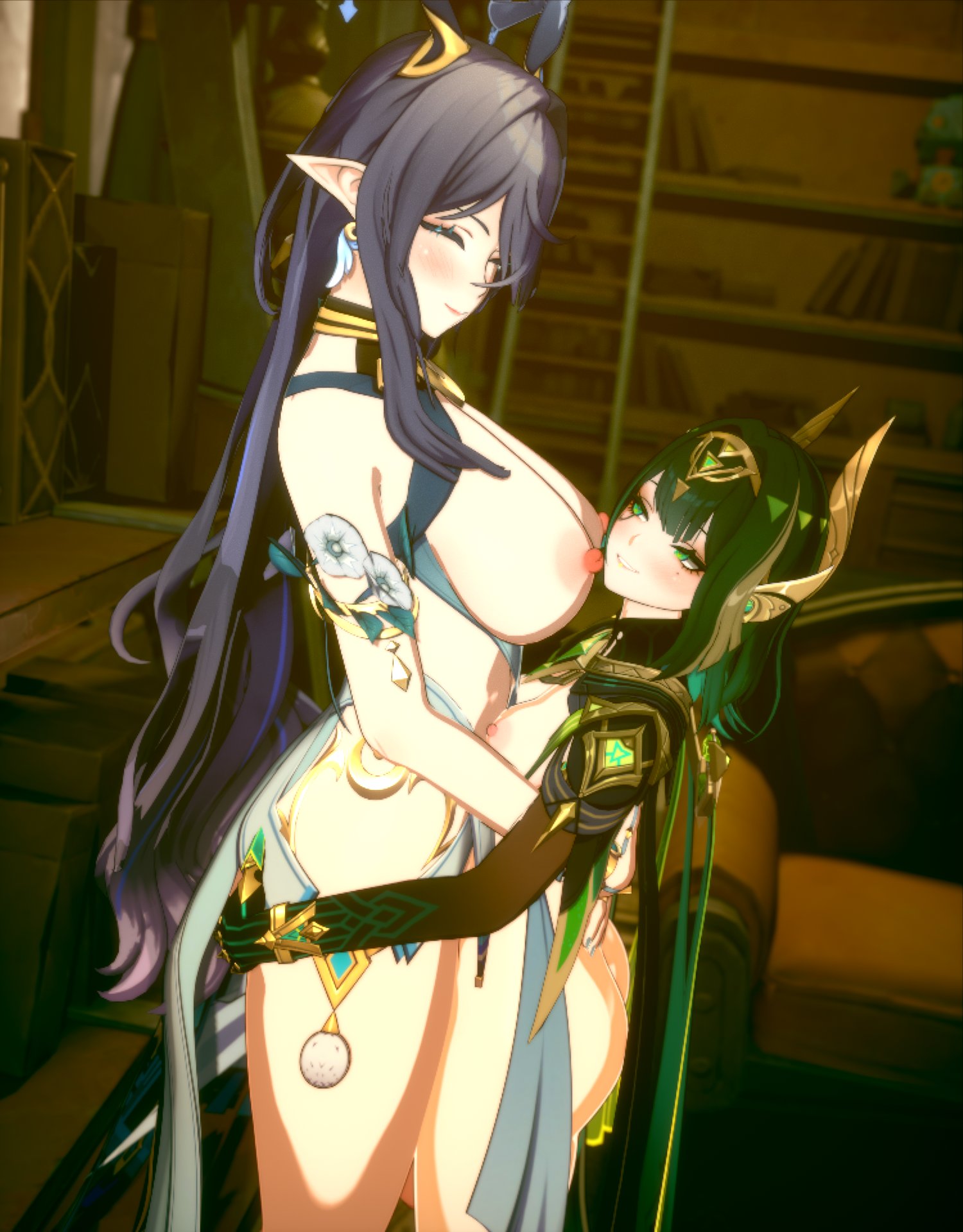 1futa, 1girl, 3d, before sex, big breasts, big penis, blender (software), exposed breasts, exposed nipples, flaccid, futa with female, futanari, genshin impact, green hair, holding, hoyoverse, hugging, lauma (genshin impact), looking at another, mihoyo, nefer (genshin impact), nipples, partially clothed, partially nude, passengerlamp, piercing, size difference, taller female