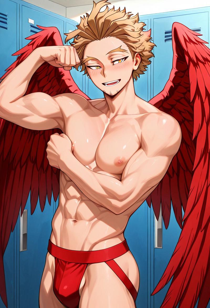abs ai_generated biceps blonde_hair blush flexing_arms gay jockstrap jockstrap_only keigo_takami locker_room looking_at_viewer male male_only muscular muscular_male my_hero_academia nipples nude_male open_mouth pecs smile takami_keigo toned_body toned_male twall97 wings yellow_eyes