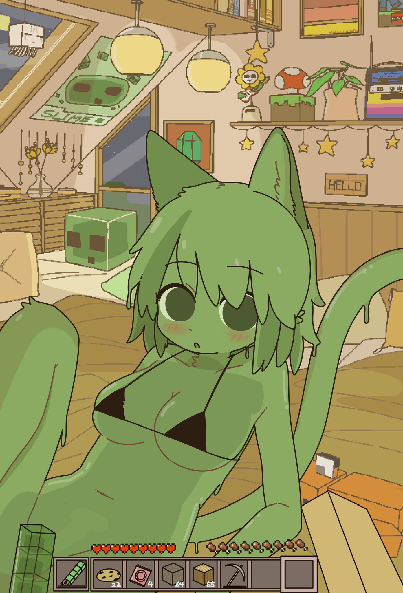 bikini top, bikini top only, blush, doremifaso64, female, flowey, flowey (undertale), flowey the flower, fox, ghast (minecraft), minecraft, minecraft sheep fucker machine, on bed, slime, slime (minecraft), slime girl, tagme