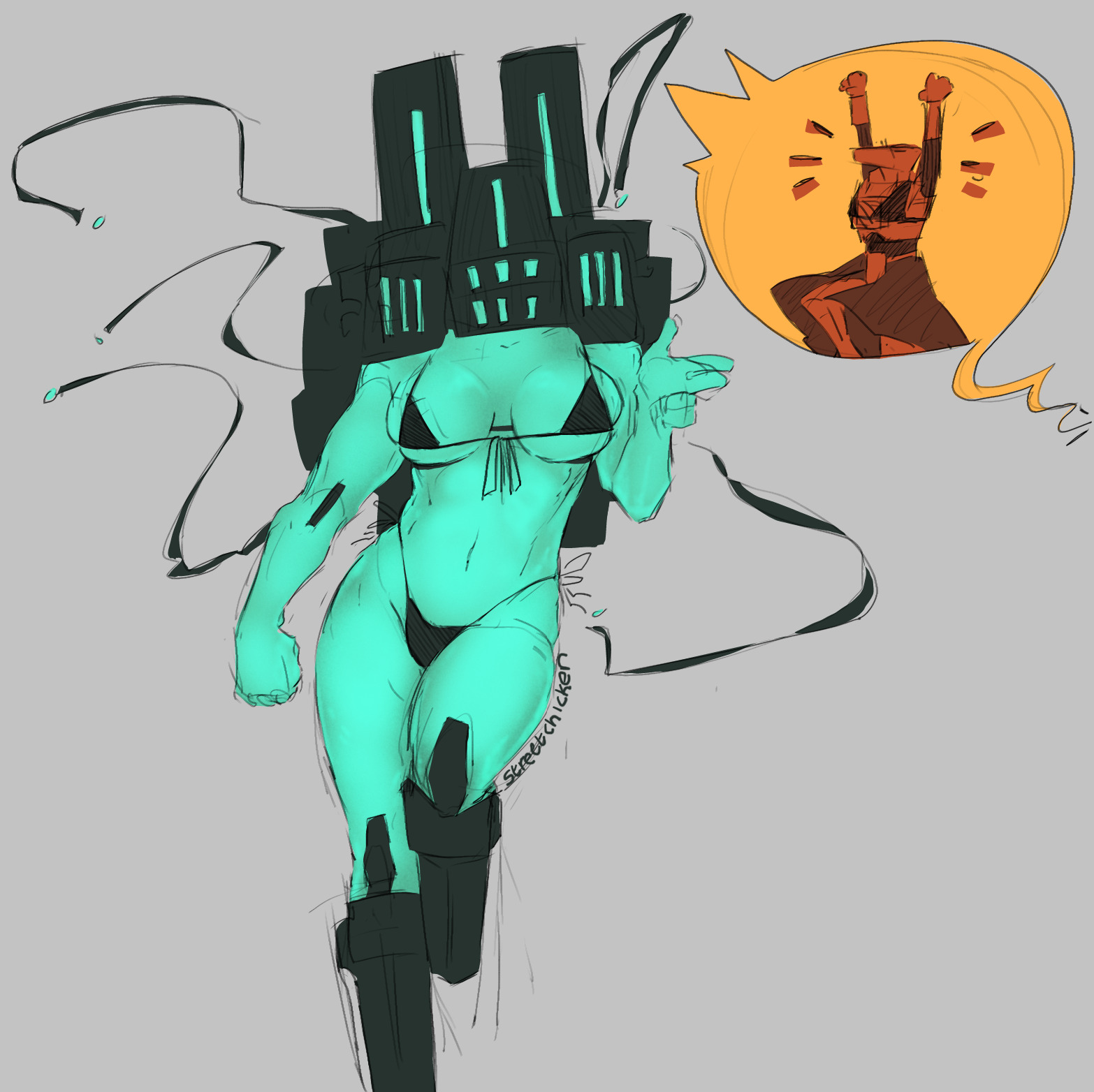 2025, 2girls, 2robots, arms up, artist name, beach clothes, bikini, bikini top, black bikini, black panties, breasts, brown bikini, brown body, brown skirt, cheering, curvy female, digital art, digital media (artwork), female, female focus, female only, finger gun, grey background, grey body, lesbian couple, mechanical legs, mindflayer (ultrakill), panties, posing, protrusions, robot, robot humanoid, robot only, robot yuri, simple background, skirt, speech bubble, streetchicken (artist), streetcleaner (ultrakill), streetflayer, support, supportive partner, swimwear, teal body, tentacle, thighs, tumblr, ultrakill, yuri