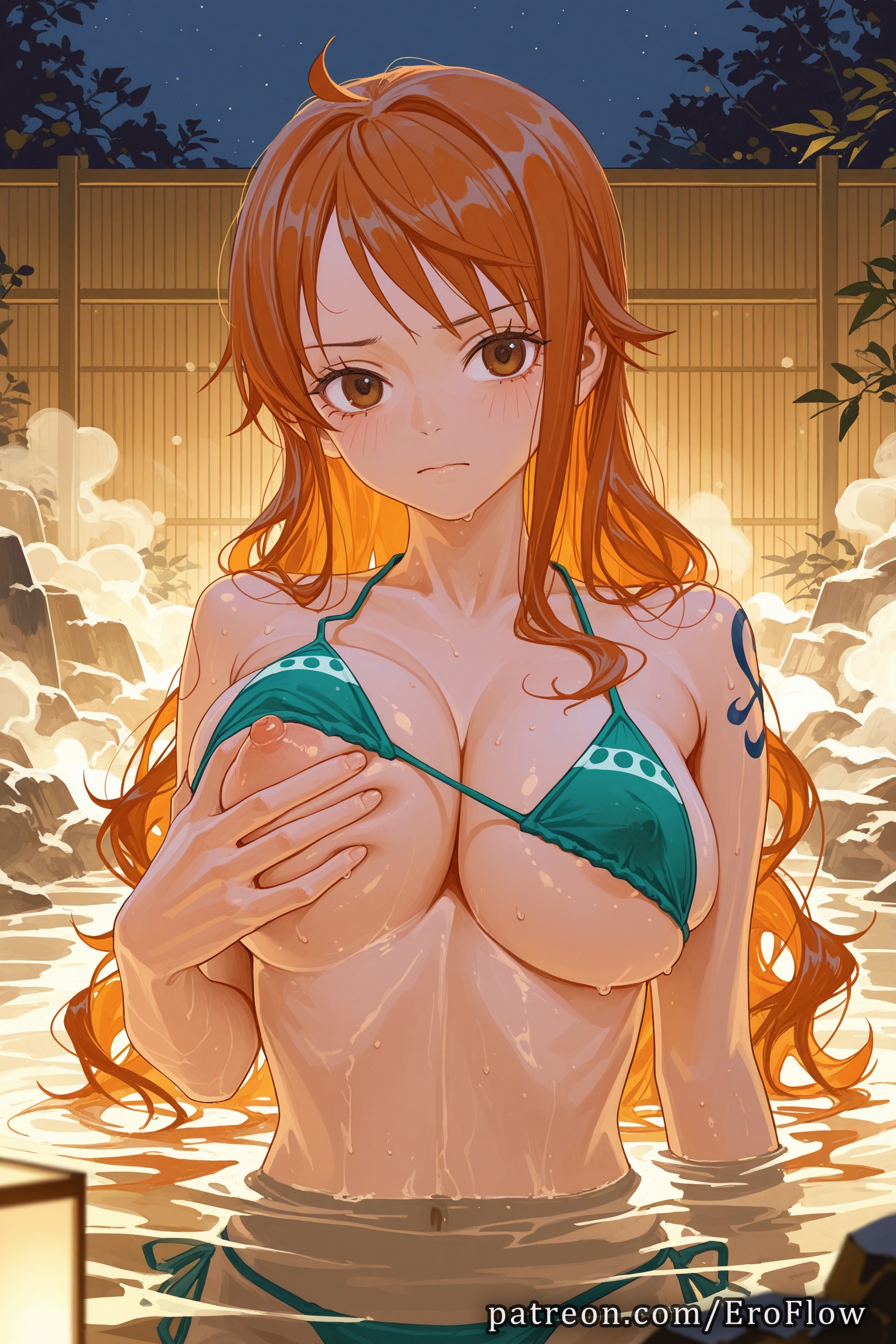 1girls, 2025, ai generated, arm tattoo, bangs, bikini, bikini lift, blue tattoo, blush, breasts, brown eyes, busty, closed mouth, clothes lift, clothing, collarbone, covered nipples, curvaceous, eroflow, female, female only, green bikini, hi res, highres, huge breasts, large breasts, light skin, light-skinned female, long hair, looking at viewer, nami (one piece), navel, night, night sky, nipple slip, nipples, one breast out, one piece, one piece: fishman island arc, onsen, orange hair, orange-haired female, outdoors, patreon, shoulder tattoo, side-tie bikini bottom, sky, solo, steam, stomach, swimsuit, tattoo, teasing, voluptuous, voluptuous female, water, wet