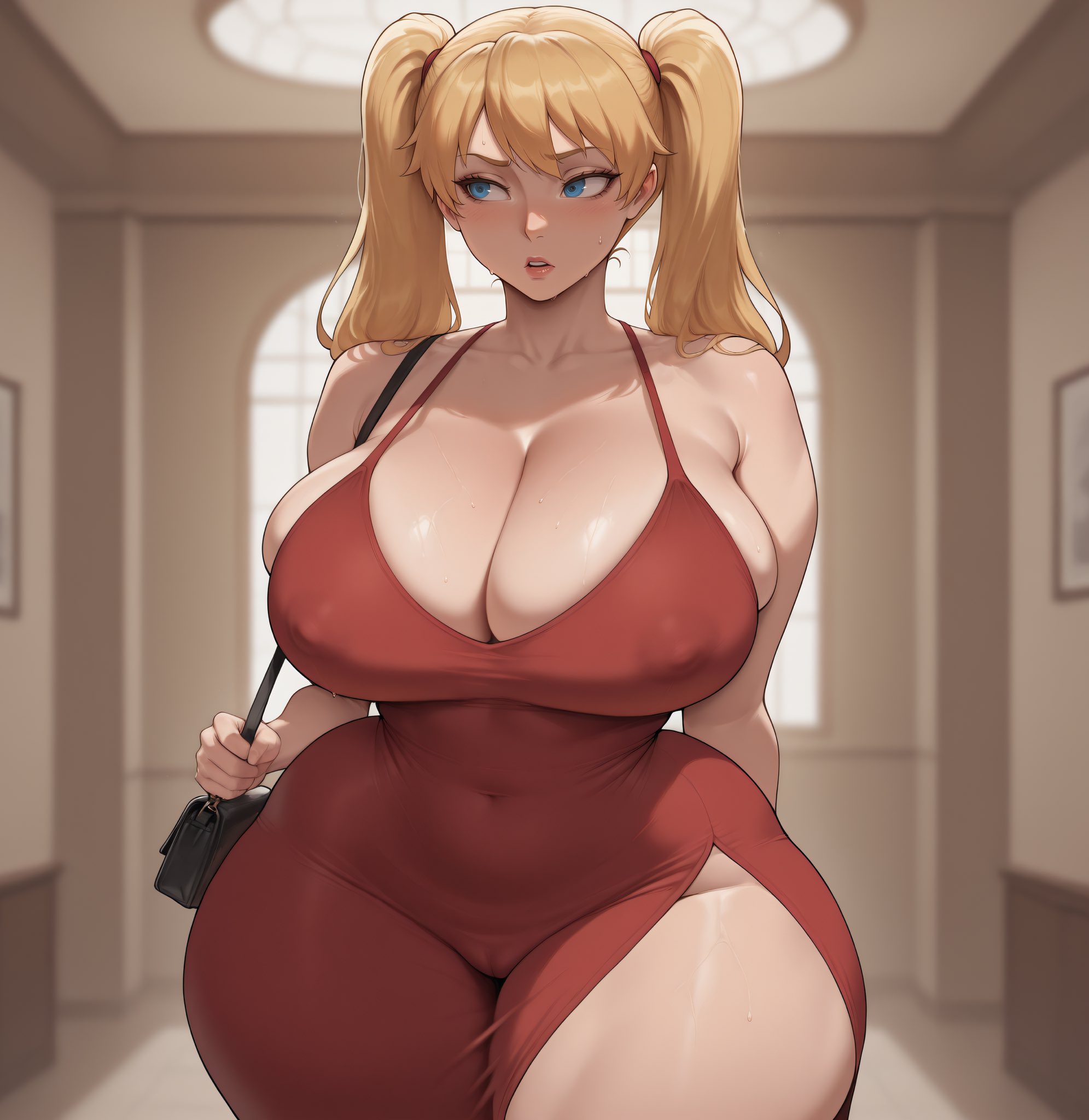 ai generated, bare thighs, blonde hair, blue eyes, breasts, female, genderswap, genderswap (mtf), gigantic breasts, huge breasts, huge thighs, light skin, light-skinned female, massive breasts, naruko, naruto, naruto (series), naruto shippuden, red dress, rule 63, shounen jump, smogai, solo female, squatting, sweat, sweatdrop, thick body, thick female, thick thighs, thighs, twintails, uzumaki naruto, voluptuous, voluptuous female