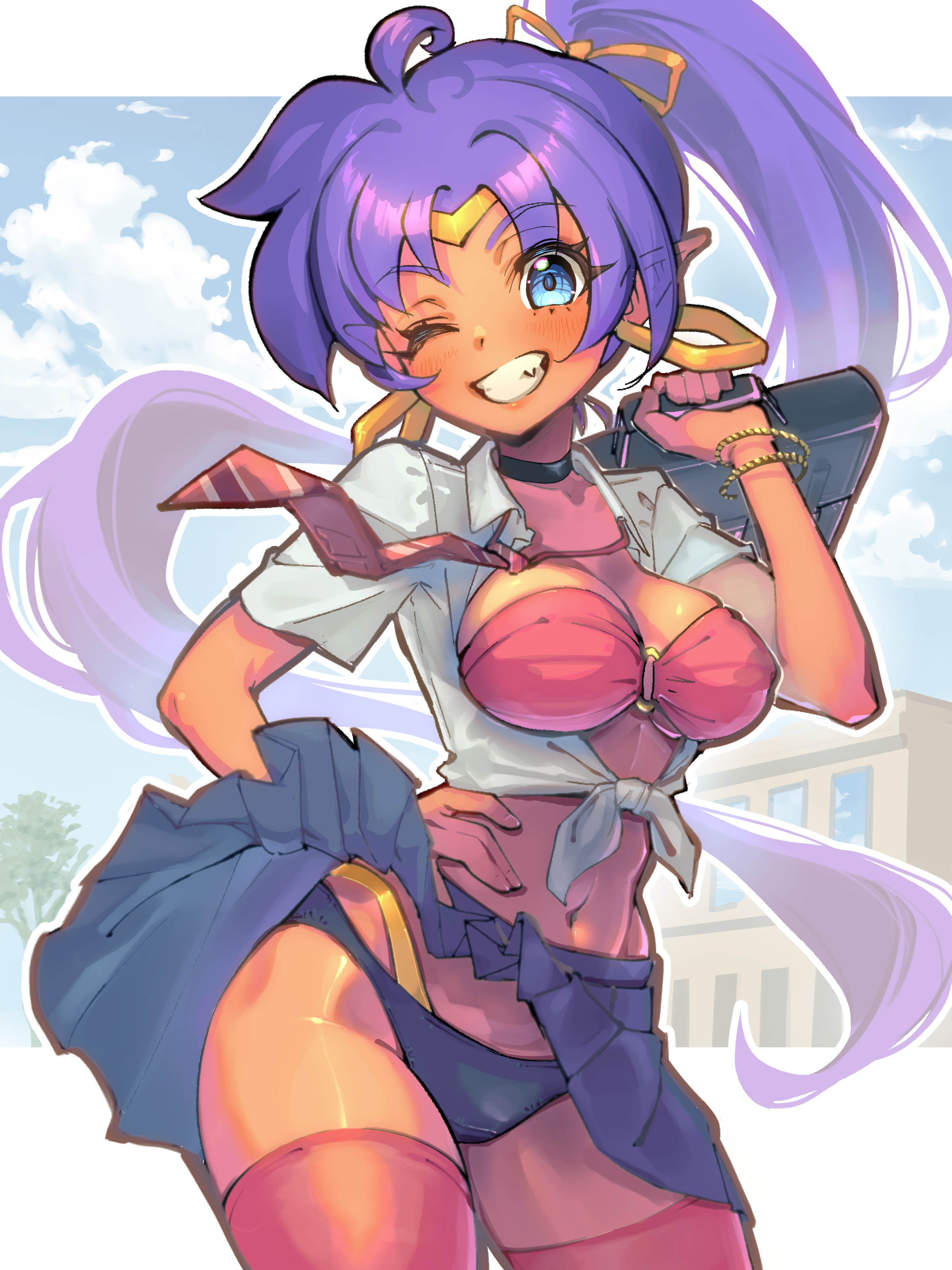 1girls, breasts, dark skin, dark-skinned female, earrings, female, female only, green eyes, life is pi, pointy ears, purple hair, school uniform, shantae, shantae (character), solo, thighs, wayforward