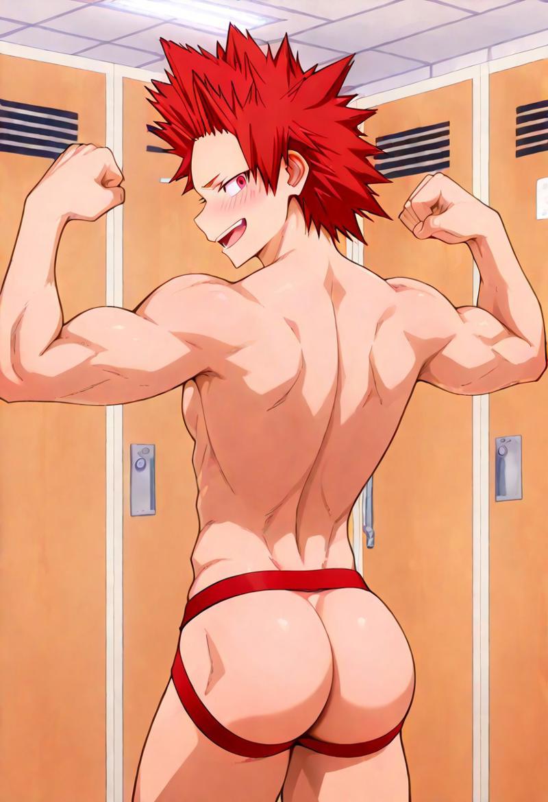 ai generated, ass, back, biceps, blush, eijirou kirishima, gay, jockstrap, jockstrap only, kirishima eijirou, locker room, looking at viewer, looking back, male, male only, muscular, muscular male, my hero academia, nude, nude male, red eyes, red hair, smile, toned body, toned male, twall97