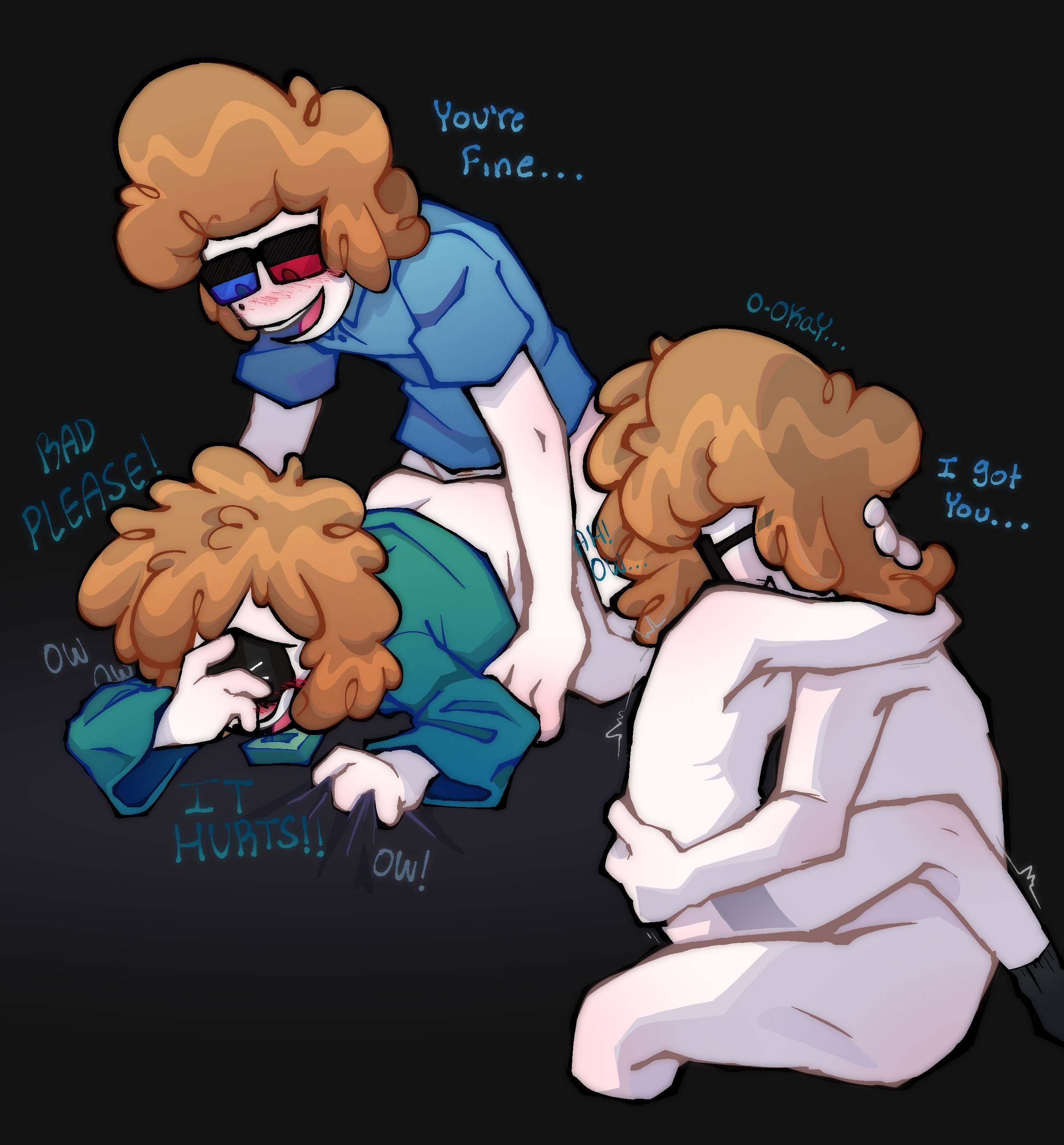 3d glasses, brother, brothers, comforting, completely nude, curly hair, gripping sheets, hugging, incest, male, male/male, nonconsensual, nude, older brother and younger brother, pain, sitting on lap