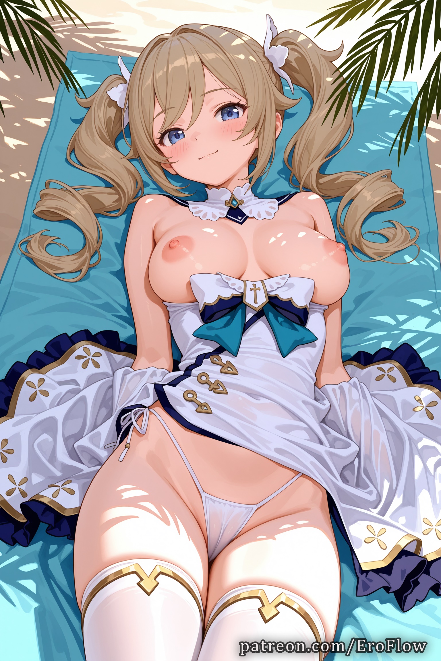 1girls, 2025, ai generated, bangs, barbara (genshin impact), bare shoulders, bikini, blonde hair, blue eyes, blush, breasts, breasts out, cameltoe, closed mouth, clothes pull, detached collar, detached sleeves, dress, dress pull, drill hair, eroflow, female, genshin impact, hi res, highleg, highres, hoyoverse, large breasts, long hair, looking at viewer, lying, medium breasts, mihoyo, mihoyo technology (shanghai) co. ltd., nipples, on back, panties, pantsu, patreon, pussy, smile, solo, swimsuit, thighhighs, thighs, twin drills, twintails, underwear, voluptuous, voluptuous female, white dress, white legwear, white panties, white thighhighs