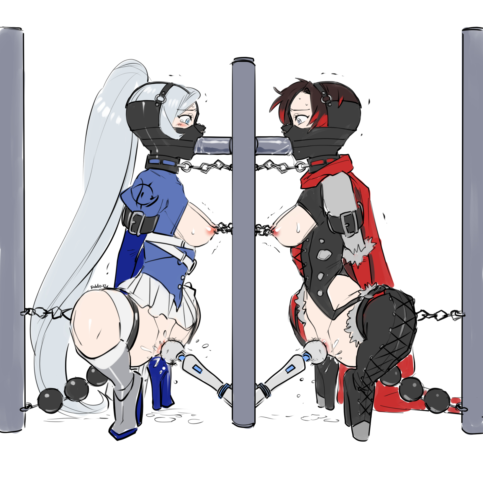 alternate costume, anal, anal beads, anal beads in ass, arms tied behind back, ballet boots, ballet heels, bdsm collar, bdsm outfit, big anal beads, bondage, boots, bound, breasts, chained to wall, chains, collar, deepthroat, dildo, dildo deepthroat, eudetenis, exposed breasts, female, female only, femsub, forced deepthroat, gag, gagged, harness ring gag, head harness, heel boots, high heels, huge anal beads, latex, leather, magic wand, multiple females, multiple girls, multiple subs, nipple chain, nipple piercing, nipple torture, nipples, nose piercing, piercing, predicament bondage, ring gag, ruby rose, rwby, sex toy, squatting, very high heels, vibrator, weiss schnee