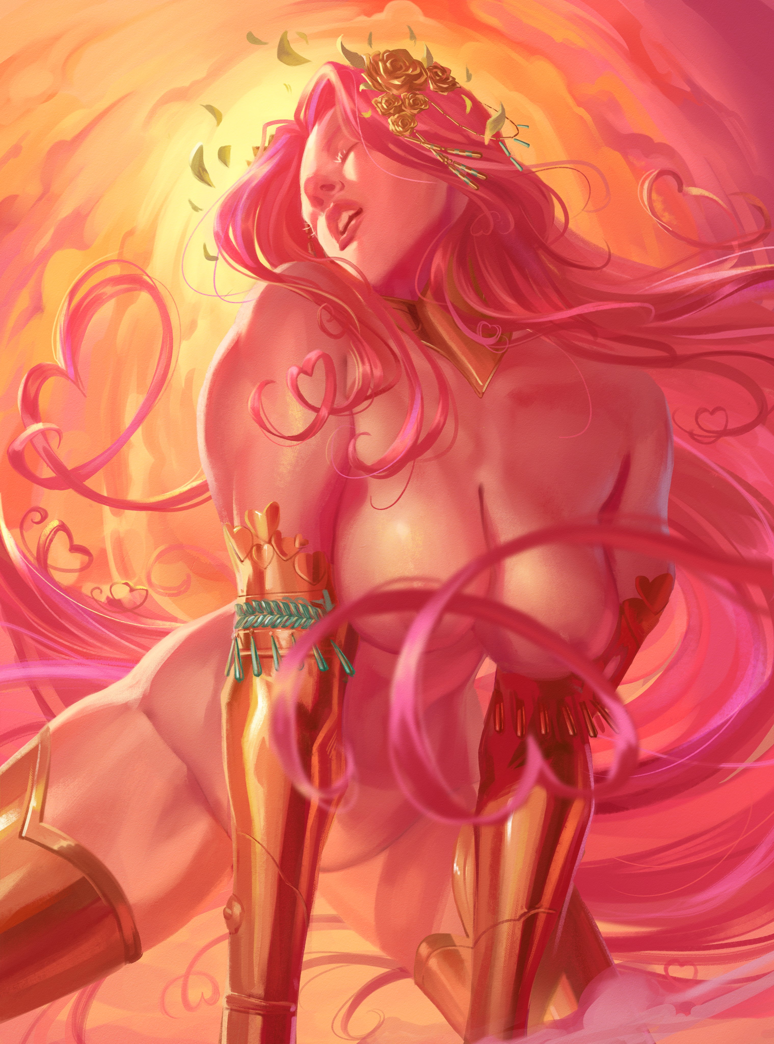 1girls, aphrodite, aphrodite (hades), caio santos, closed eyes, convenient censoring, divine slut, female, goddess, greek mythology, hades (game), lips, naked, naked female, nude, nudist, pink hair, solo, toned female, very long hair
