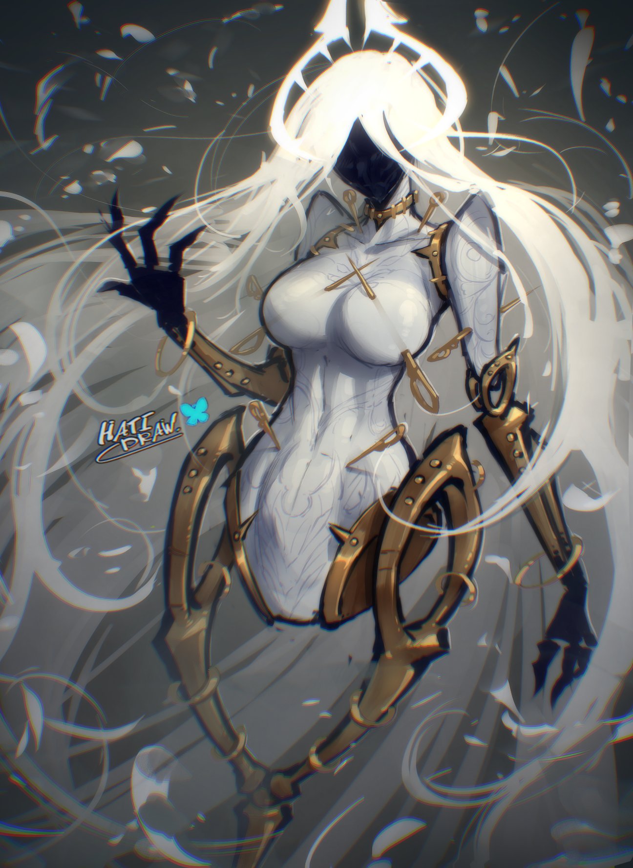 big breasts, female, grand mother silk, hatidraw, hollow knight, hollow knight (franchise), hollow knight: silksong, metal limbs, no nipples, nude, nude female, silk, solo, solo female, team cherry, weapon, white body