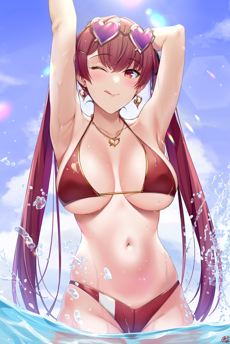 1girls, arms up, big breasts, bikini, breasts, cowboy shot, earrings, female, female only, hand behind head, hololive, hololive fantasy, hololive japan, houshou marine, light skin, light-skinned female, long hair, long twintails, necklace, okitakung, one eye closed, outdoors, red hair, solo, standing, sunglasses, sunglasses on head, twintails, twitter link, virtual youtuber, water, watermark