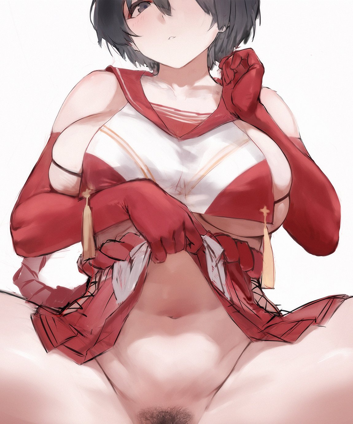 black_eyes black_hair blue_archive blush breasts clothes_lift collarbone commentary cropped_legs elbow_gloves female female_pubic_hair gloves highres large_breasts lifting_own_clothes looking_at_viewer medium_hair navel parted_lips polki pubic_hair red_gloves red_sailor_collar rope_belt sailor_collar shirt simple_background skirt skirt_lift solo spread_legs tsubaki_(blue_archive) white_background white_shirt