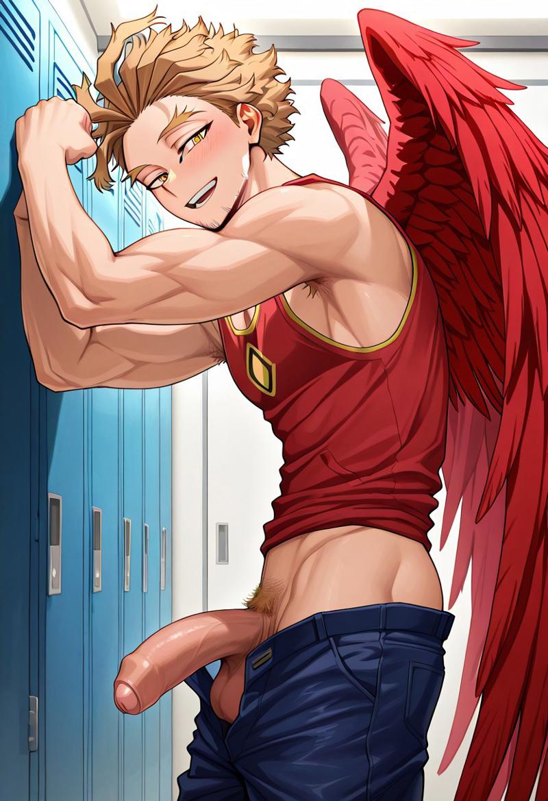 abs ai_generated balls biceps big_penis blonde_hair blue_jeans blush erection foreskin gay hawks_(my_hero_academia) keigo_takami leaning_forward locker_room looking_at_viewer male male_only muscular muscular_male my_hero_academia nude_male open_mouth pants_down penis pubic_hair smile takami_keigo toned_body toned_male twall97 uncut wings yellow_eyes