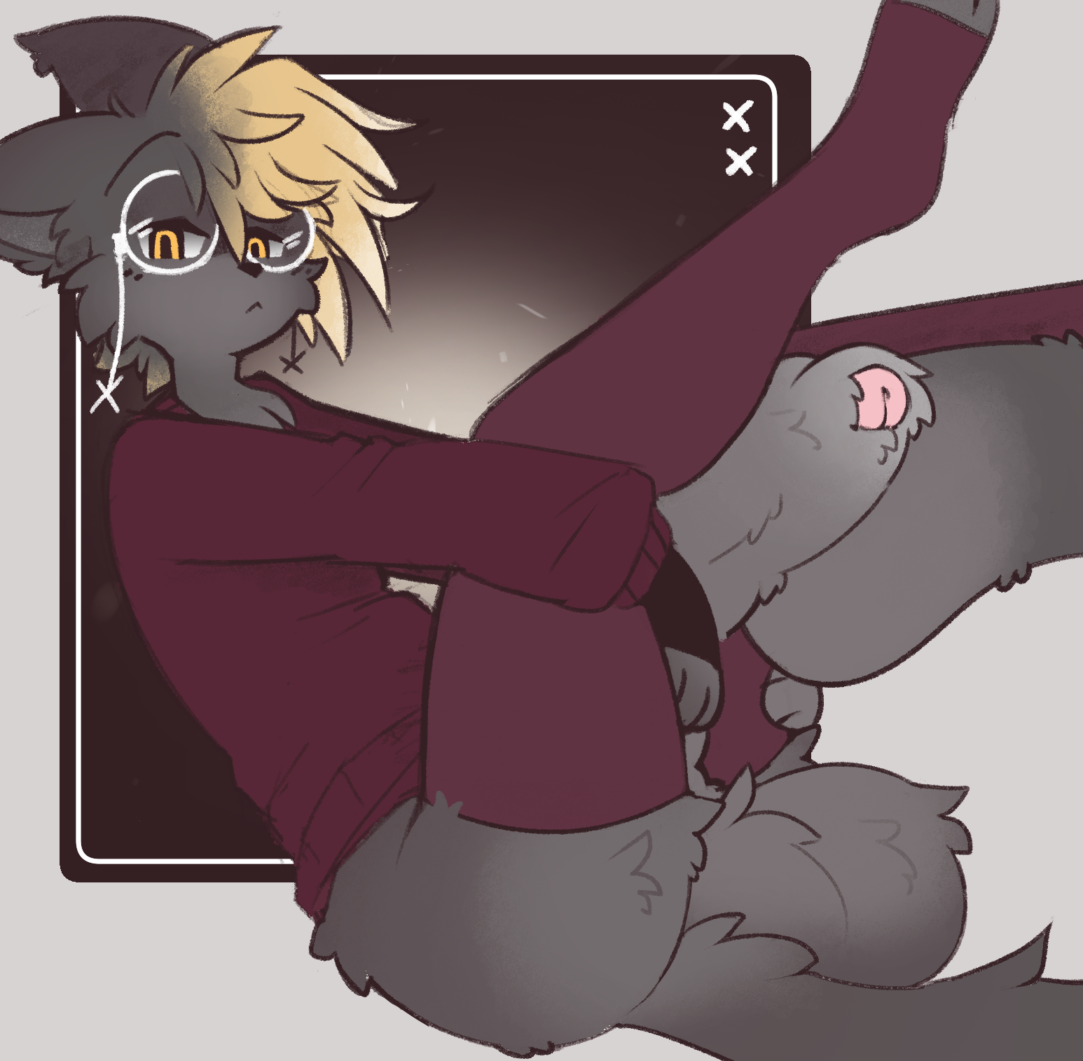 2025, anthro, ass, balls, big balls, big penis, biped, blonde hair, bottomless, bottomless anthro, bottomless male, caeleste, clothed, clothing, digital media (artwork), domestic cat, eyewear, felid, feline, felis, fluffy balls, fluffy foreskin, fluffy penis, foreskin, fur, genitals, glans, glasses, grey balls, grey body, grey fur, grey penis, hair, hi res, huge balls, huge cock, hyper, hyper balls, hyper genitalia, hyper penis, legwear, looking at viewer, male, male anthro, mammal, penis, pink glans, red clothing, red legwear, red stockings, red sweater, red topwear, round glasses, solo, stockings, sweater, topwear, uncircumcised, yellow eyes