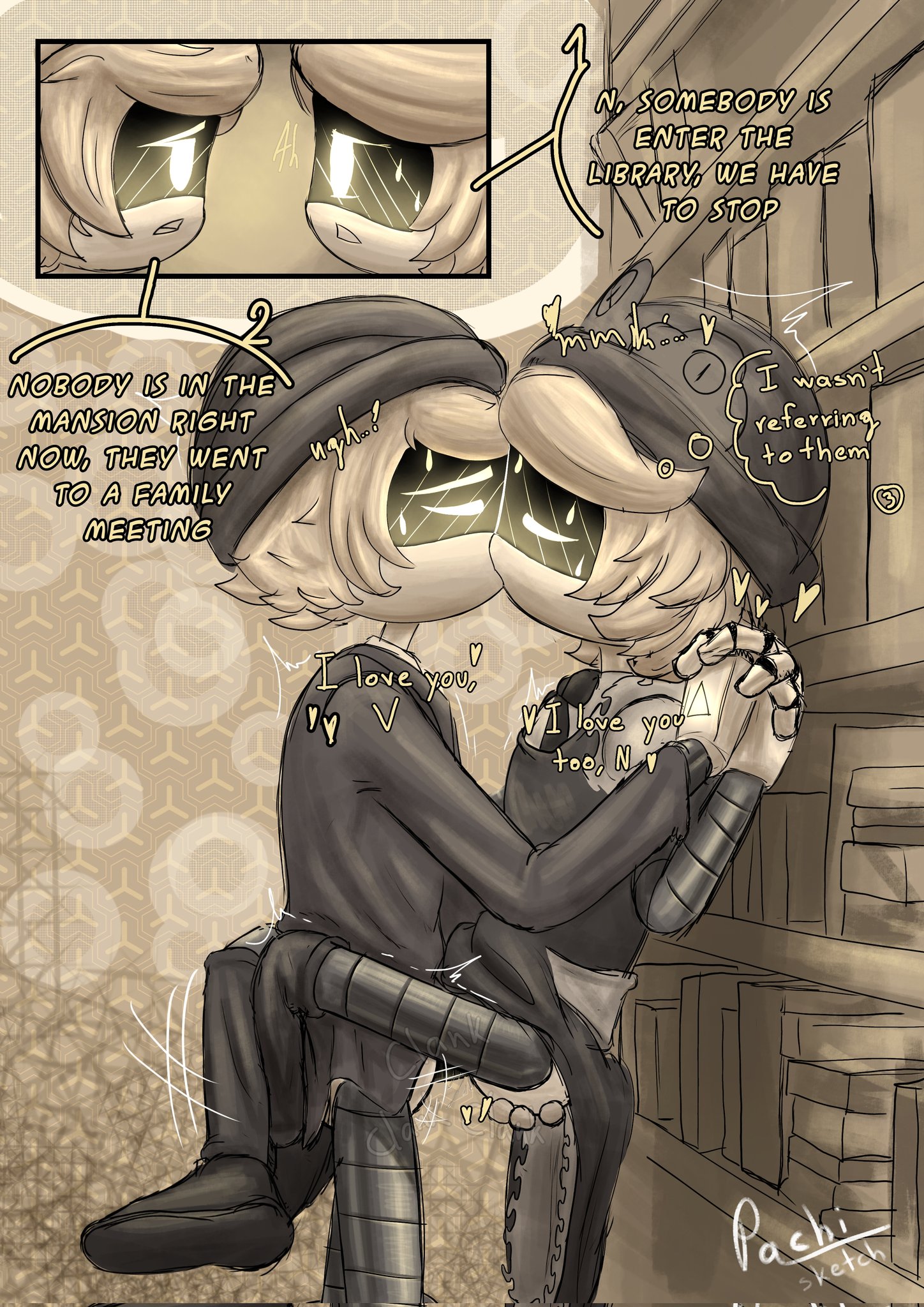 1boy, 1girls, accurate art style, artist name, artist signature, blush, blushing female, blushing male, books, bookshelf, dialogue, envy (murder drones), female, glitch productions, heart, holding hands, kissing, legs around partner, legs around waist, legs wrapped around partner, library, lifting person, male, male/female, murder drones, n (murder drones), n worker drone, pachinsfw, pinned to wall, pussy, romantic, sex, sweatdrop, thrusting, thrusting into pussy, v (murder drones), v worker drone, wholesome, wholesome sex