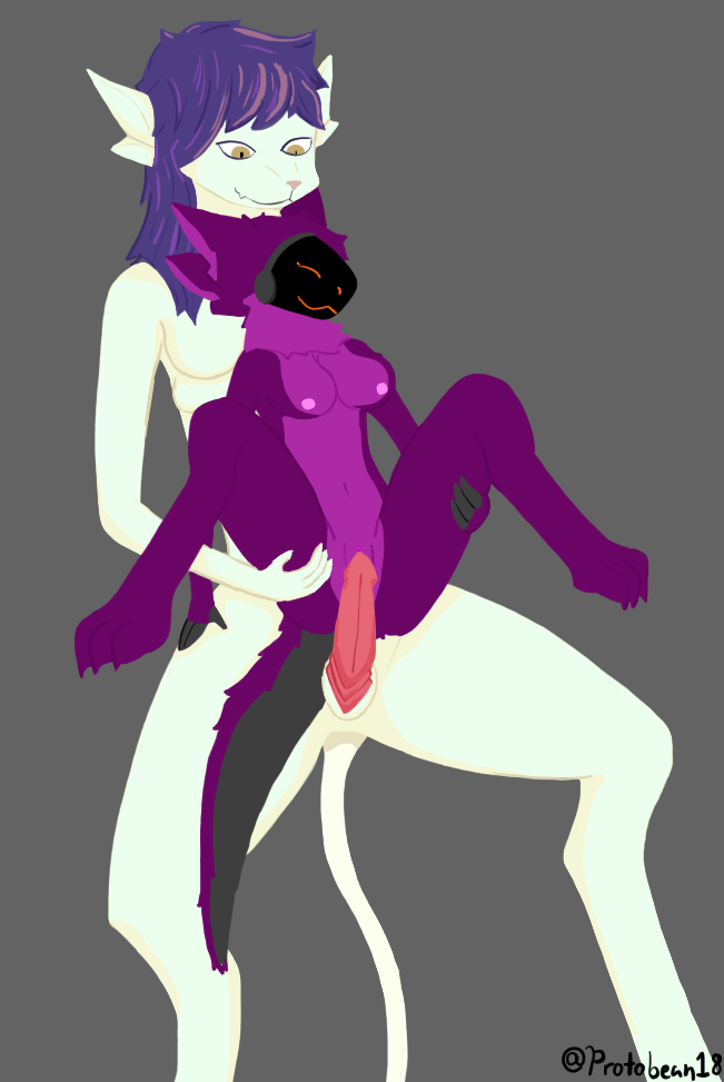 animal_genitalia animal_penis anthro ariral breasts clitoris digitigrade duo female futanari genitals herm intersex intersex/female leg_grab machine male nipples penis protoderse protogen pussy rubbing_pussy size_difference small_waist teasing voices_of_the_void
