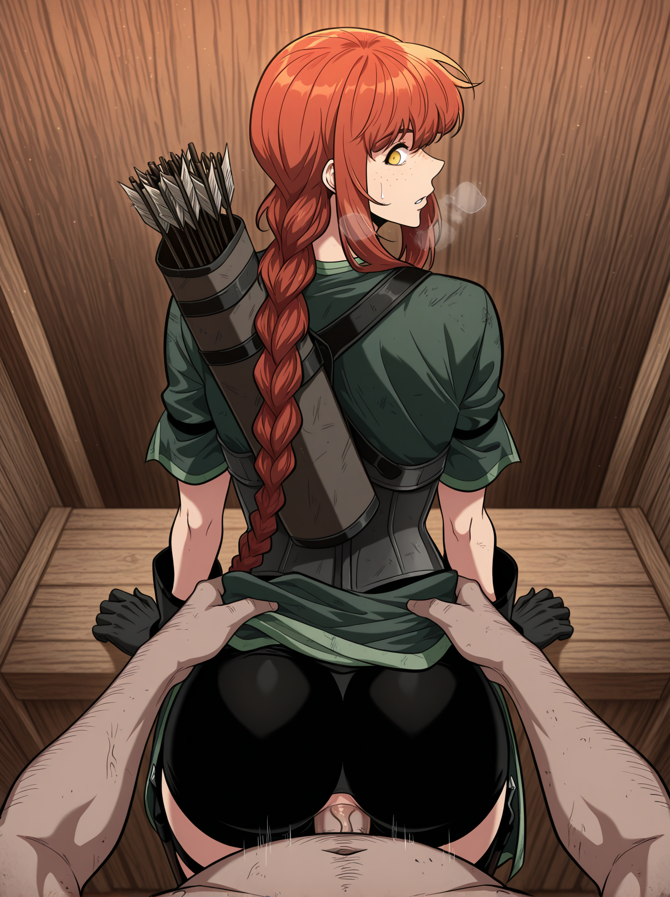 1boy, 1girls, ai generated, braid, braided hair, clothed, clothed sex, clothing, doggy style, emotionless, emotionless sex, expressionless, fat male, female, freckles, freckles on face, indoors, jenna cirai (pick me up), lamon, looking at viewer, looking back, male, manhwa, older male, older penetrating younger, pick me up, pussy, sex, standing, standing sex, steam, steamy breath, sweat, sweatdrop, vaginal penetration, webtoon, younger female