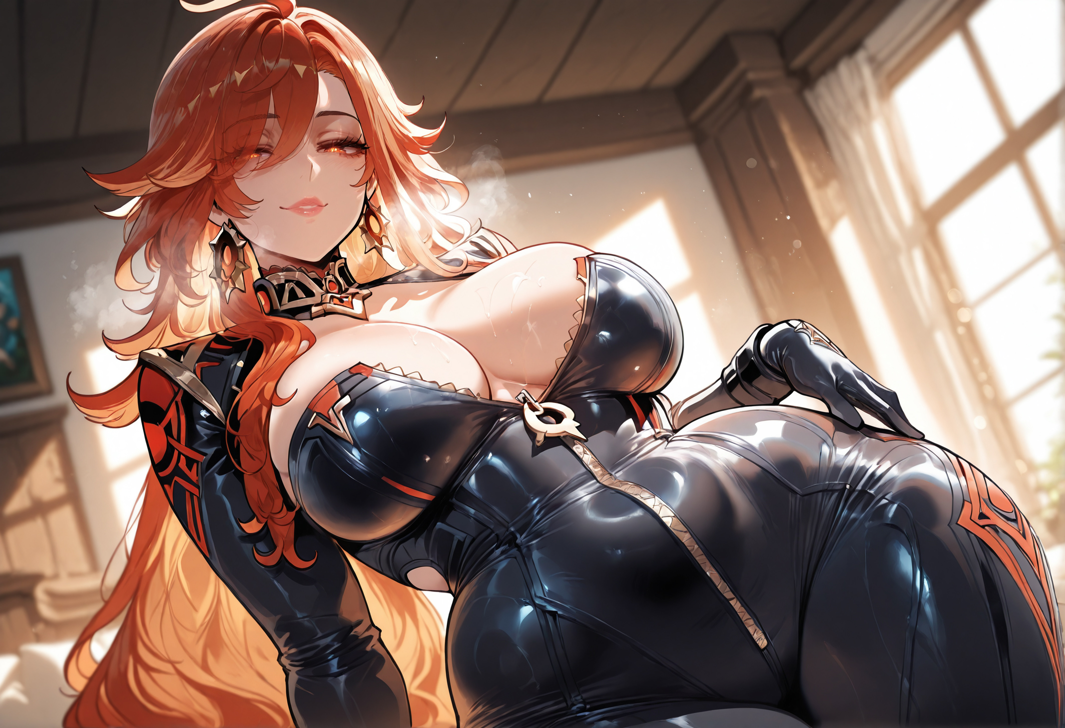 1girls, ahoge, ai generated, bangs, black bodysuit, black gloves, blush, bodysuit, breasts, cleavage, clothing, covered navel, curvaceous, curvaceous female, curvaceous figure, curvy, curvy figure, earrings, female, female focus, female only, genshin impact, gloves, hand on hip, hoyoverse, huge breasts, indoors, inviting, inviting to sex, jewelry, large breasts, latex, lips, long hair, looking at viewer, mavuika (genshin impact), miyuai, navel, orange eyes, orange hair, parted lips, presenting, presenting breasts, presenting hindquarters, presenting self, red eyes, red hair, seductive, seductive look, seductive smile, shiny clothes, shiny skin, single earring, skin tight, smile, solo, sweat, thick thighs, thighs, very long hair, voluptuous, voluptuous female, window, zipper, zipper pull tab
