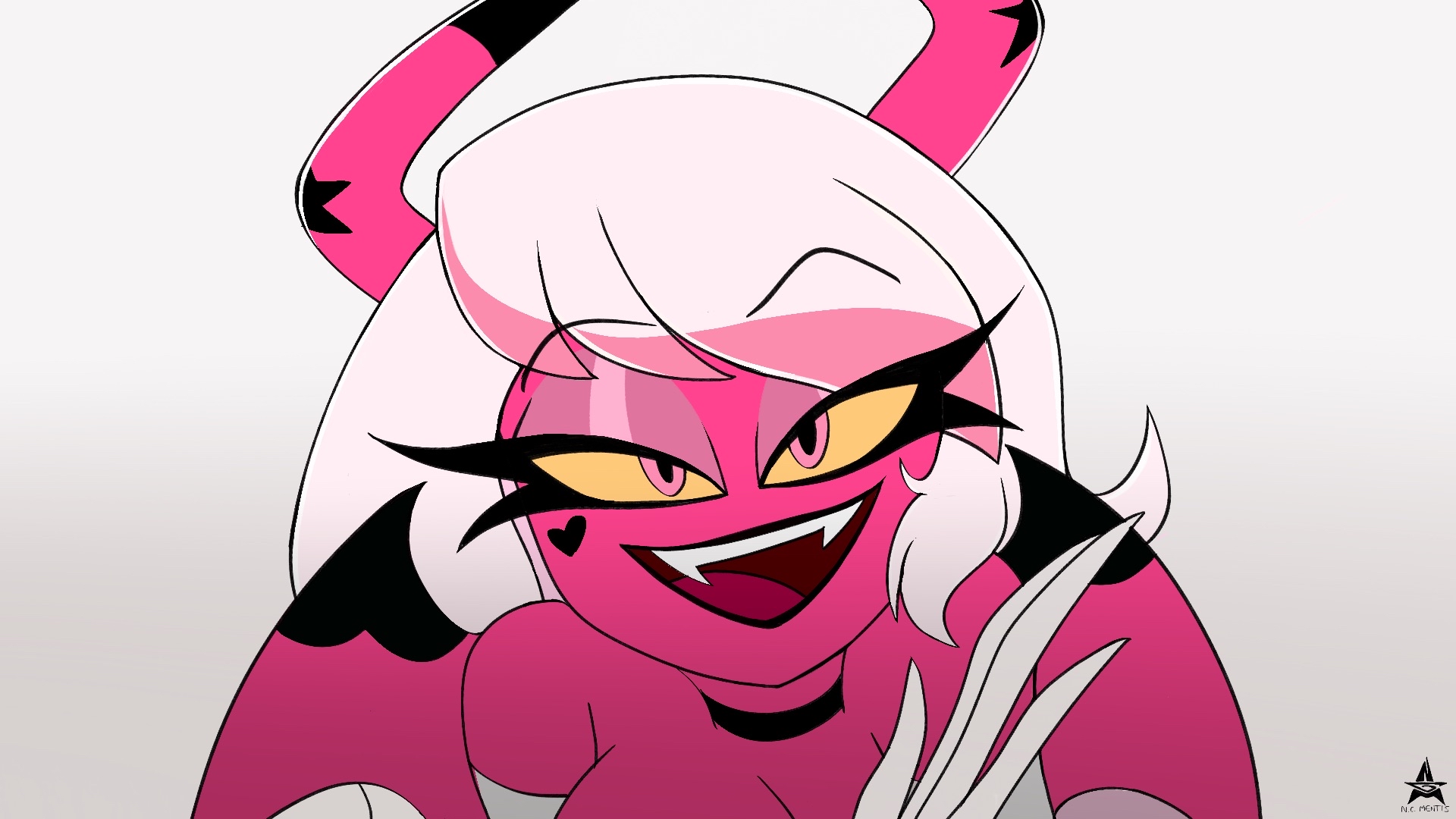 1girls, 2d, bedroom eyes, black lips, choker, close-up, demon, demon girl, demon horns, digital drawing (artwork), digital media (artwork), eyelashes, eyeshadow, fangs, female, hand, heart-shaped mole, helluva boss, horns, light pink hair, long hair, looking at viewer, mole under eye, noncomposmentis, pink body, pink eyeshadow, pink pupils, pov, screencap redraw, seductive, seductive eyes, seductive look, seductive smile, smiling at viewer, solo, solo female, solo focus, verosika mayday (helluva boss), vivienne medrano, vivziepop, white background, wings, yellow eyes