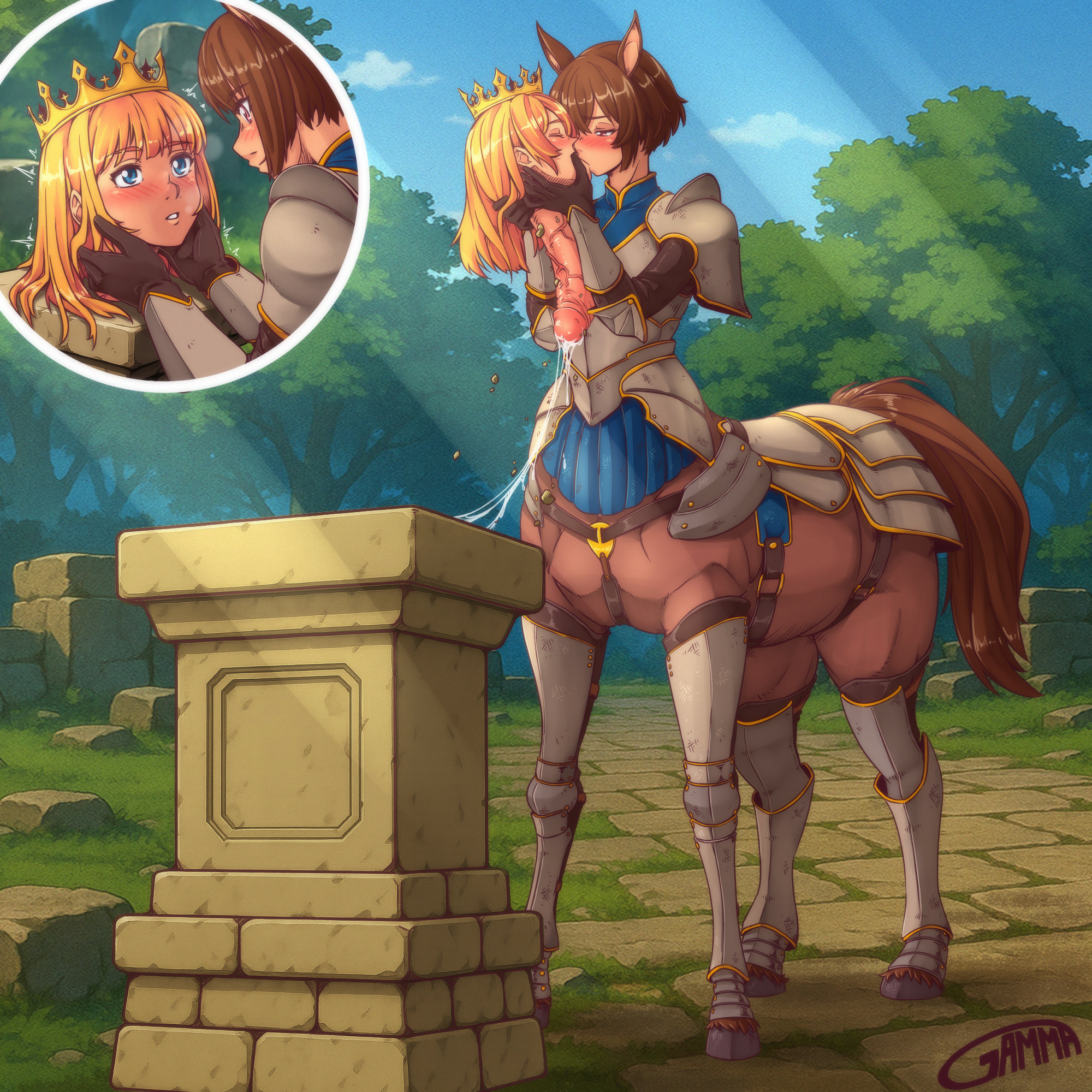 1boy, 1girls, absurd res, centaur, female, futanari, gammatelier, hi res, holding head, intersex, kissing, male, monophallia, penis, penis neck, penis transformation, precum, taur, transformation, uncensored, unusual anatomy, unusual anatomy placement, unusual genitalia placement, unusual penis placement, what