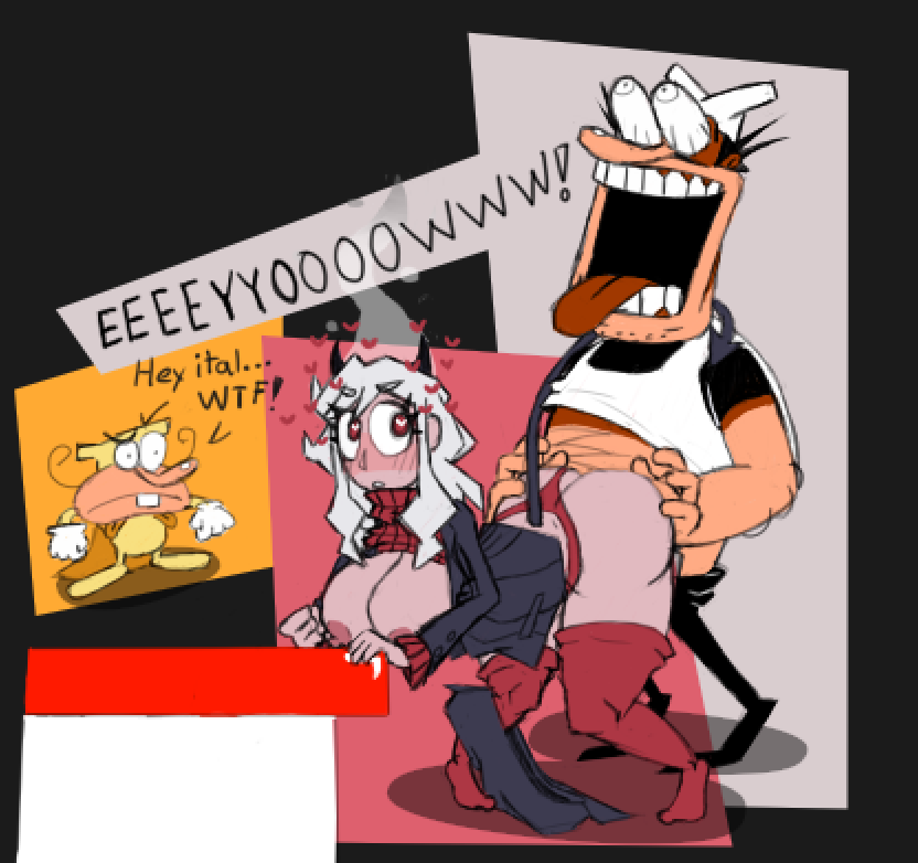 1boy 1girls awooga backshots breasts coloringthecat_(artist) commission crack_pairing crossover demon demon_girl female heart heart-shaped_pupils helltaker holy_shit italian large_breasts male modeus_(helltaker) peppino_spaghetti pizza_tower screaming_in_pain screaming_in_pleasure sex the_noise walk-in