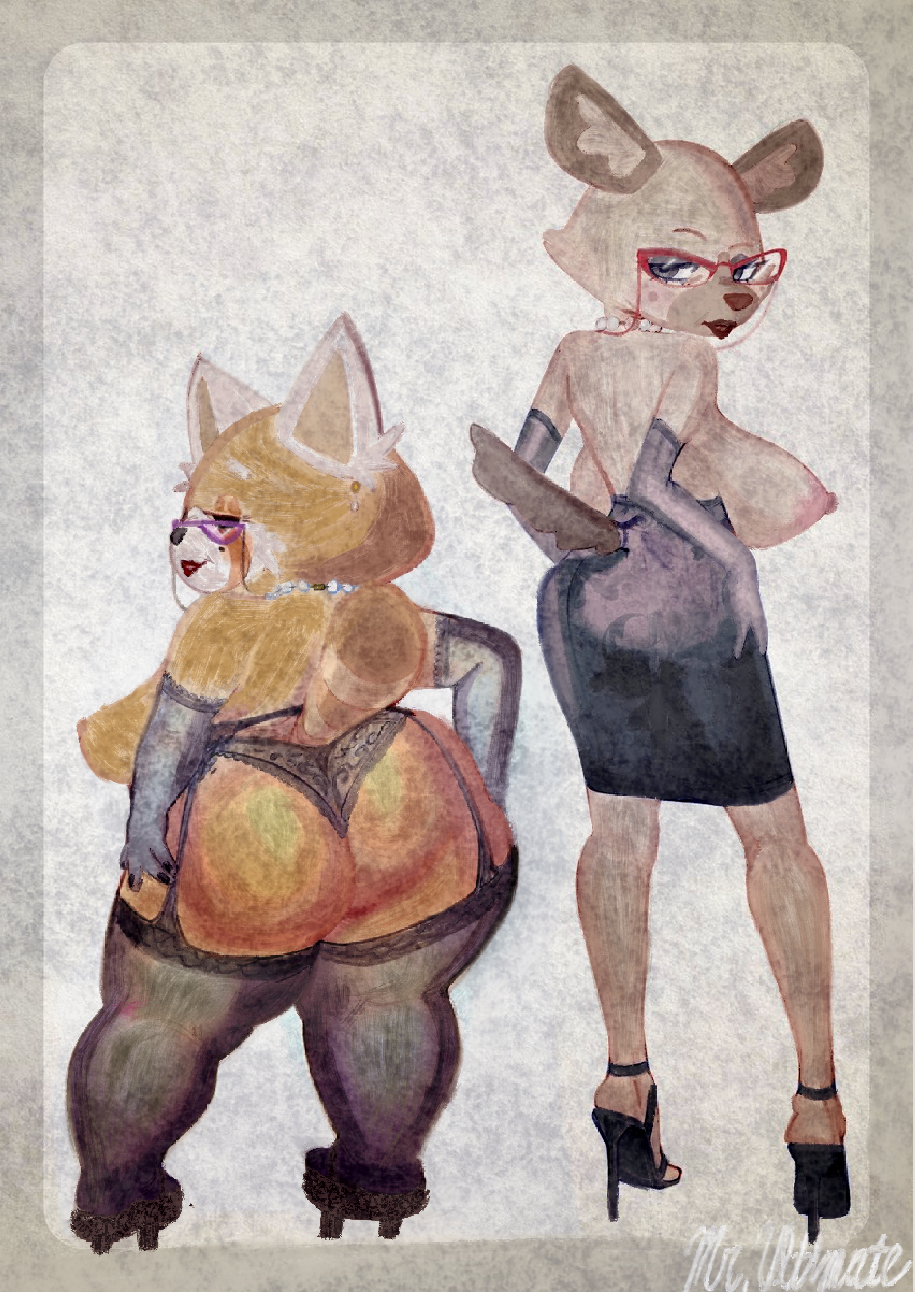 2025, aggressive retsuko, aggretsuko, areolae, artist name, artist signature, ass, blush, breasts, duo, edit, elderly female, eyewear, female, filter, furry, garter belt, garter straps, geta, geta sandals, grainy render, grainy texture, haida's mother, high heels, large ass, large breasts, lingerie, makeup, mother, mr. ultimate (artist), nipples, retsuko's mother, saggy breasts, skirt, stockings, thigh highs, topless, underwear, vintage clothing, vintage pinup, xu53r