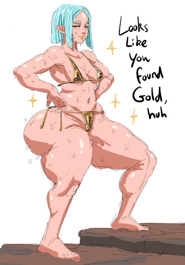 1girls ass big_ass bikini blue_hair bottom_heavy bubble_butt dat_ass dialogue fat_ass female female_only gold_bikini hands_on_hips huge_ass large_ass looking_at_viewer original shinobupp solo sweat sweatdrop sweaty_body swimsuit talking_to_viewer text thick_ass thick_thighs toni_(shinobupp) white_background wide_hips