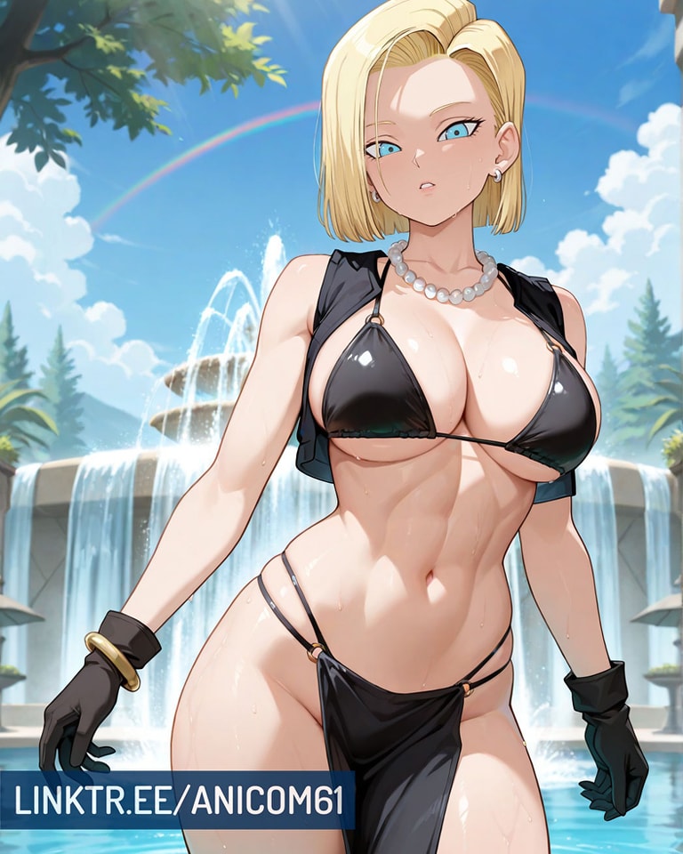 2025 android18dx android_18 anicom61 anime belly bikini_under_clothes black_bikini black_gloves black_skirt blonde_female blonde_girl blonde_hair_female blue_eyes clouds crunchyroll dragon_ball dragon_ball_gt dragon_ball_super dragon_ball_z drawing instagram meta not_porn rainbow_background sky_background sunlight sunlight_rays toei_animation tummy white_collar white_earrings