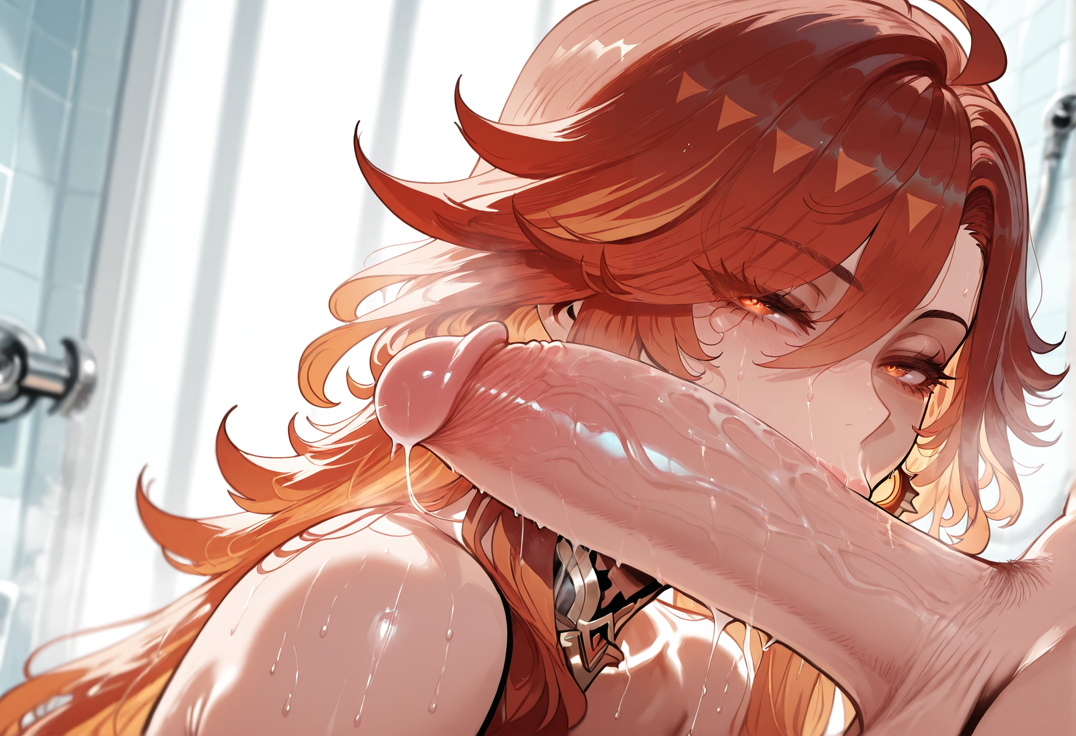 1boy, 1girls, aether (genshin impact), ahoge, ai generated, balls, bangs, bare shoulders, blush, breasts, clothing, completely nude, curvaceous, curvaceous female, curvaceous figure, curvy, curvy figure, earrings, erection, fellatio, female, female focus, genshin impact, hair between eyes, hoyoverse, indoors, jewelry, large breasts, large penis, long hair, looking at viewer, male, male pubic hair, mavuika (genshin impact), miyuai, multicolored hair, muscular, muscular male, nipples, nude, oral, orange eyes, orange hair, penis, pubic hair, red eyes, red hair, solo focus, straight, sweat, testicles, veins, veiny penis, voluptuous, voluptuous female, wet