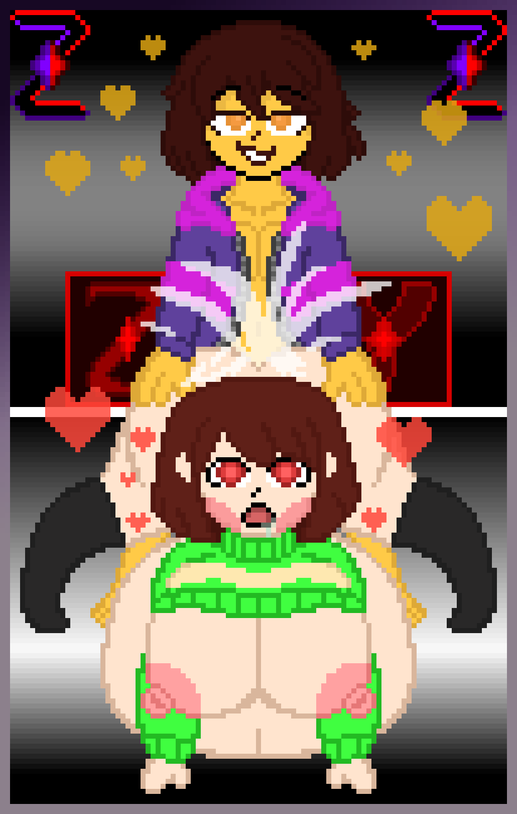 1boy 1girls ambiguous_penetration ass ass big_ass big_breasts big_butt breasts chara chara_(undertale) cum cum_inside cum_overflow cumflation drooling frisk frisk_(undertale) hearts_around_head inflation jacket penetration pixel_art self_upload undertale undertale_(series) zixy