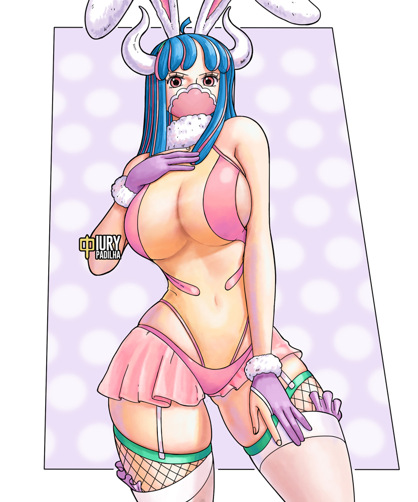 1girls, bare arms, bare legs, bare shoulders, bare thighs, big breasts, blue hair, blue-haired female, breasts, bunny ears, cleavage, clothed, clothing, color, female, female focus, female only, fishnets, hi res, horns, iury padilha, large breasts, light skin, light-skinned female, linea alba, long hair, looking at viewer, mask, multicolored hair, one piece, pink eyes, revealing clothes, skimpy clothes, solo, solo female, stockings, tagme, thick thighs, thighhighs, ulti (one piece)