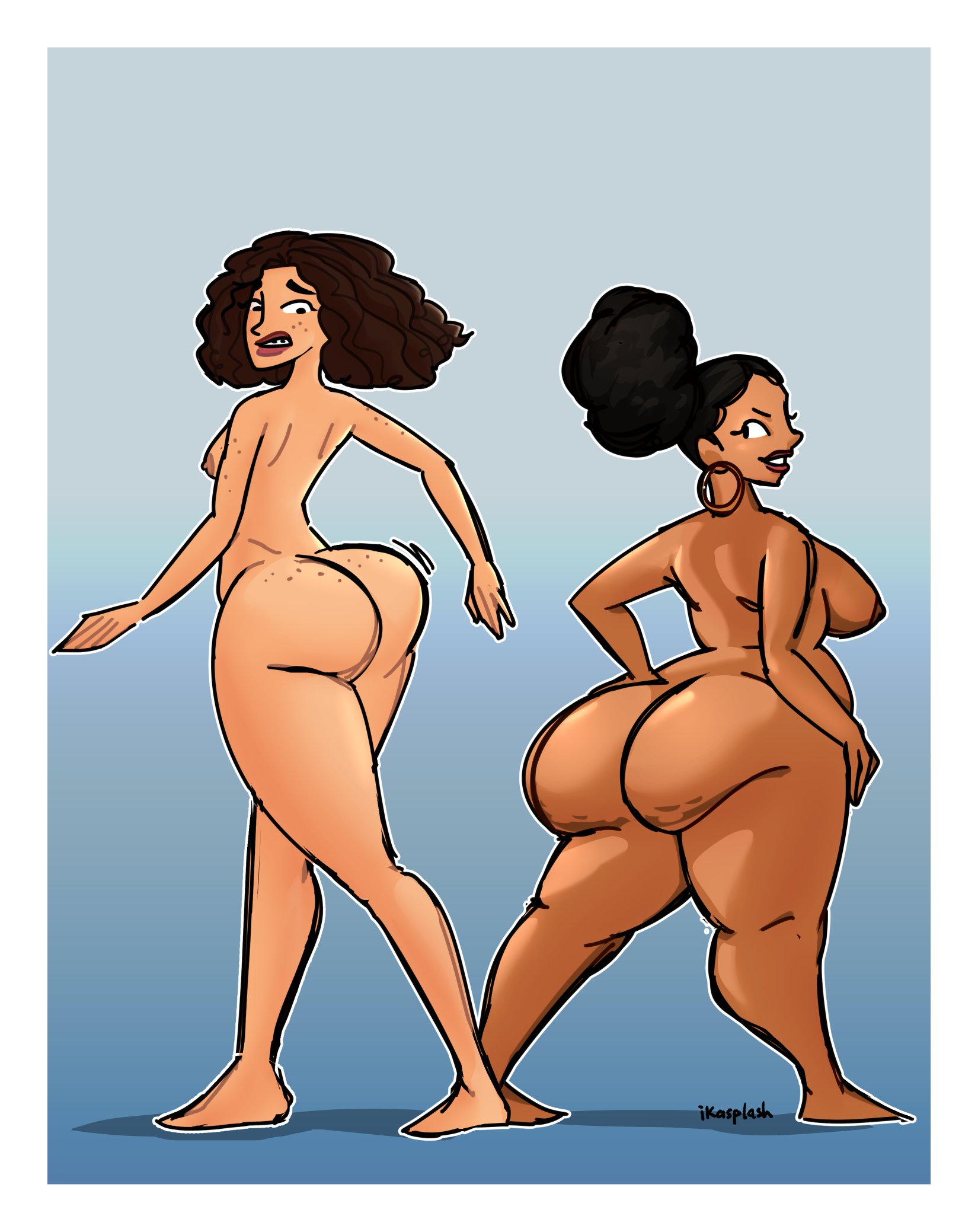 2girls, adele (d & w prod.), adele williams (wappah), afro hair, afro ponytail, afro puff, ass, big ass, big butt, black hair, brown hair, bubble ass, bubble butt, caramel-skinned female, coastline chronicles, curly hair, dark skin, dark-skinned female, fanart, fanart from twitter, female, freckled ass, freckled butt, freckles, freckles on ass, freckles on butt, hoop earrings, ika splash, ikasplash, naked, naked female, nude, nude female, ponytail, stacey-anne (d & w prod.), stacey-anne fletcher (wappah), thick thighs, wappah