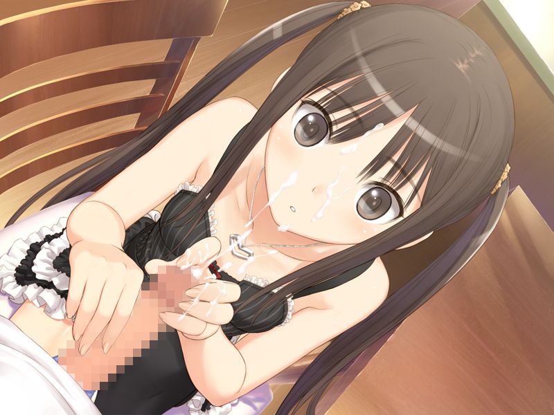 1boy 1girls blush censored cum fault!! female game_cg handjob male pants penis pettanko straight sugiyama_mio taka_tony thighhighs tied_hair twintails