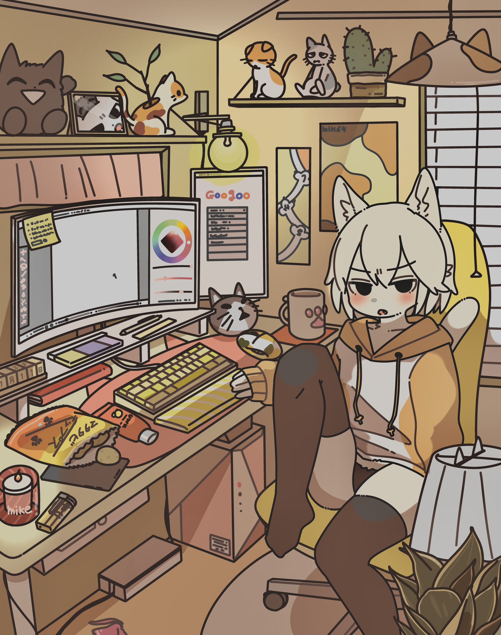1girls, black stockings, blush, computer, doremifaso64, female, furry, furry female, shikaruneko, sitting, stockings, thighs