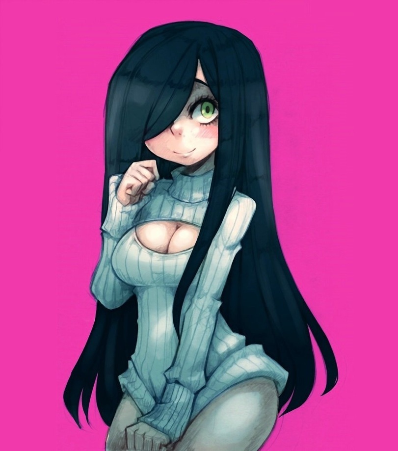 aria_(parororo) aria_wintermint black_hair boob_window cleavage covering_crotch green_eyes long_hair parororo smiling sweater virgin_killer_sweater
