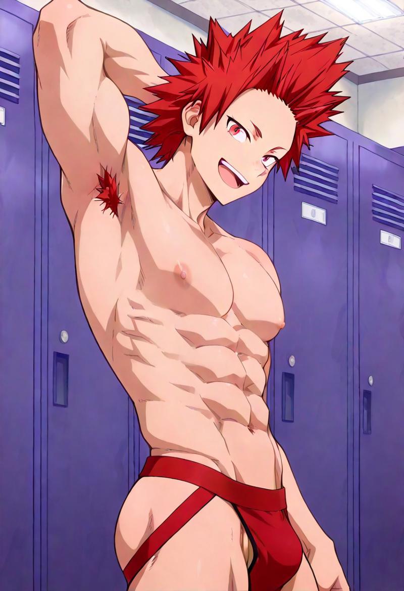 abs, ai generated, arm up, armpit hair, biceps, blush, eijirou kirishima, gay, jockstrap, jockstrap only, kirishima eijirou, locker room, looking at viewer, male, male only, muscular, muscular male, my hero academia, nude, nude male, open mouth, red eyes, red hair, smile, toned body, toned male, twall97