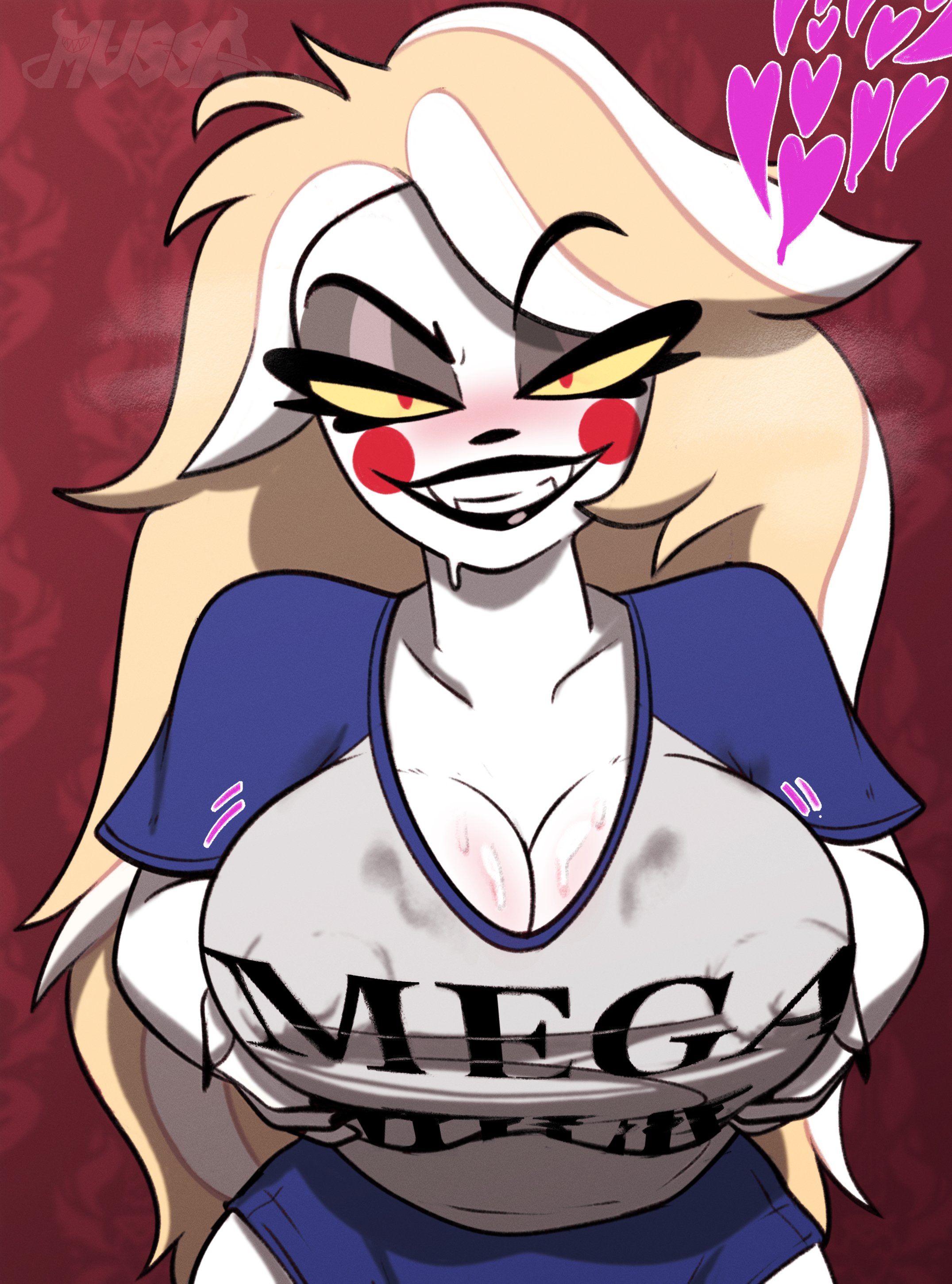 1girls, bedroom eyes, big breasts, blonde female, blonde hair, blonde-haired female, blush, blushing at viewer, blushing female, breasts, charlie morningstar, charlie morningstar (hazbin hotel), cleavage, clothed, clothed female, clothing, female, female only, grabbing, grabbing own breast, groping, groping breast, groping breasts, hazbin hotel, hellaverse, holding breast, impmussa, large breasts, looking at viewer, mega milk, nipple bulge, nipples, nipples visible through clothing, presenting, presenting breasts, raised eyebrow, red eyes, self fondle, smile, smiling, smiling at viewer, smirking, smirking at viewer, sweat, sweatdrop, sweating, sweaty, yellow sclera