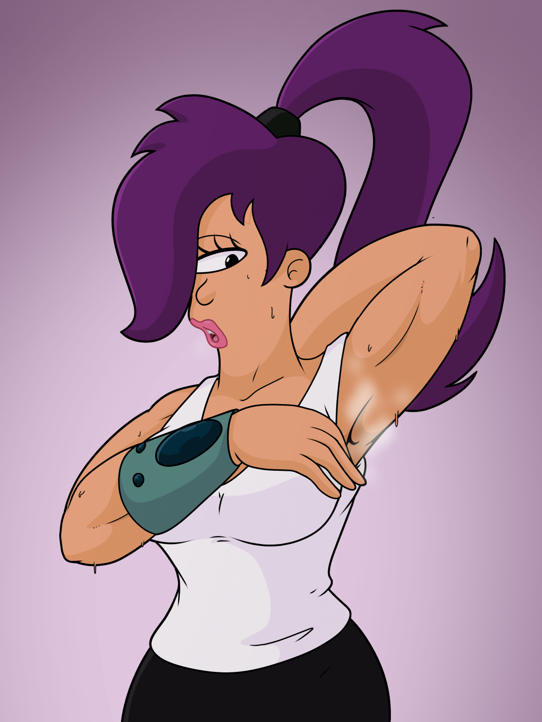 arm behind head, armpit, armpits, female, futurama, hair over eye, muscles, muscular, muscular female, nasiri (artist), pants, ponytail, purple hair, smell, smelly, smelly armpits, sweat, sweating, sweaty, sweaty armpits, tank top, turanga leela, white tank top