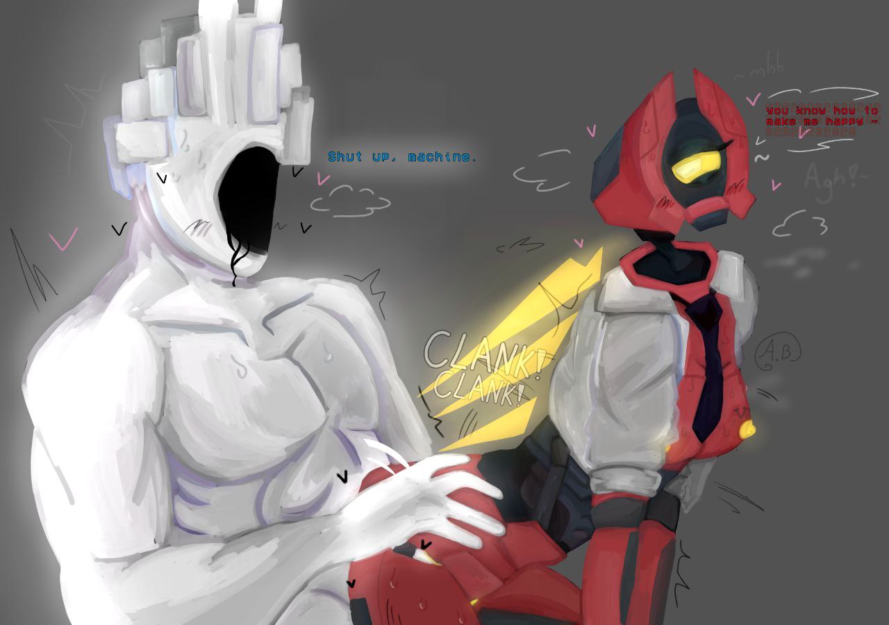 1boy, 1girls, backshots, blushing, boys, breasts, clank clank clank, dialogue, eyelashes, female, hearts around head, king, machine, male, male/female, minos prime (ultrakill), necktie, one eye partialy closed, robot, robot girl, tagme, ultrakill, v2 (ultrakill), wings