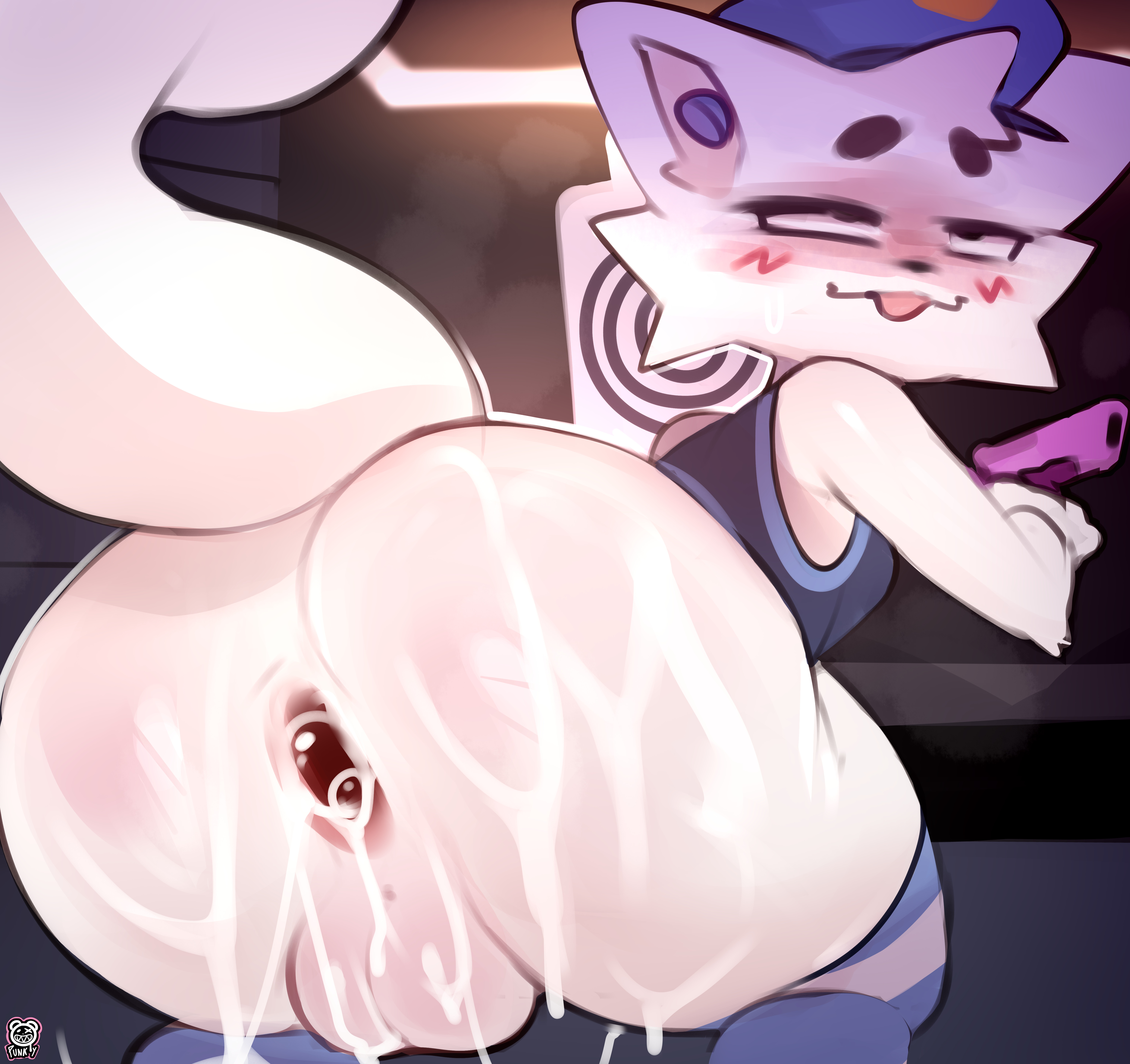 1boy, 2d, after anal, after sex, anthro, anthro male, anthro only, anus, ass, balls, bent over, blush, boykisser, boykisser (meme), crop top, cum, cum in ass, cum inside, eyes rolling back, femboy, furry, gape, gaping, gaping anus, gay, male, male only, officer boykisser (junoandmaxx), patreon, punkypanda, silly cat (mauzymice), sole male, solo, thighhighs, white fur