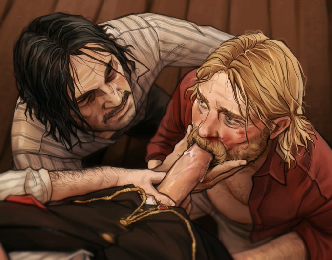3boys, arm hair, blowjob, body hair, colm odriscoll, dutch van der linde, gay, guided fellatio, holding chin, holding penis, male, male only, male/male, micah bell, oral, oral sex, penis, red dead redemption (series), red dead redemption 2, shirt open, skibiborg, source request, sucking penis, tagme, threesome, yaoi