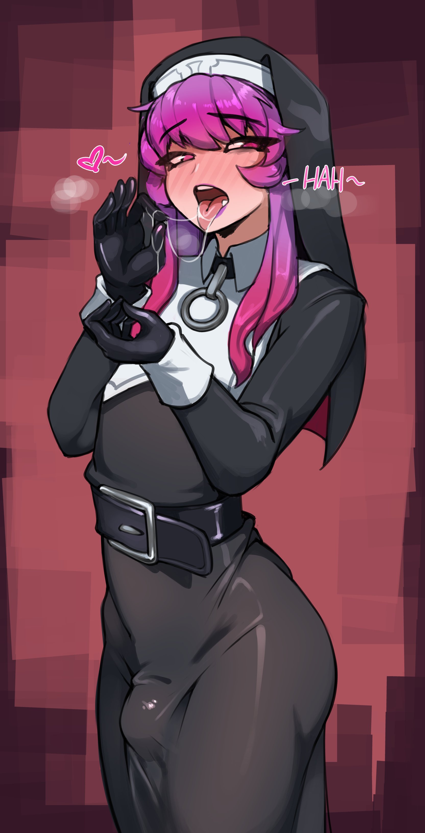 1boy, bulge, clothed, crossdressing, femboy, fully clothed, gloves, light skin, light-skinned male, lipstick, male, male nun, male only, nun, nun (nunsafeforwork), nun hat, nun outfit, nun's habit, nunsafeforwork, open mouth, penis, penis bulge, pulling collar, purple eyes, purple hair, purple lipstick, saliva, saliva drip, saliva string, saliva trail, tongue, tongue out, trap, twink