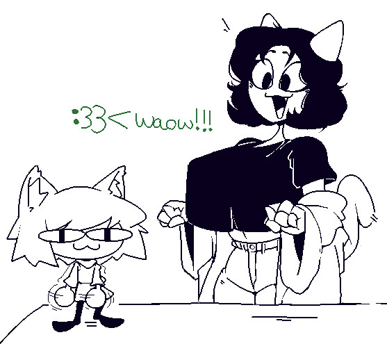 :3, alternate breast size, black and white, breasts, cat ears, cat tail, catgirl, crop top, crop top overhang, female, gountro, homestuck, large breasts, neco-arc, nepeta leijon, tagme, text