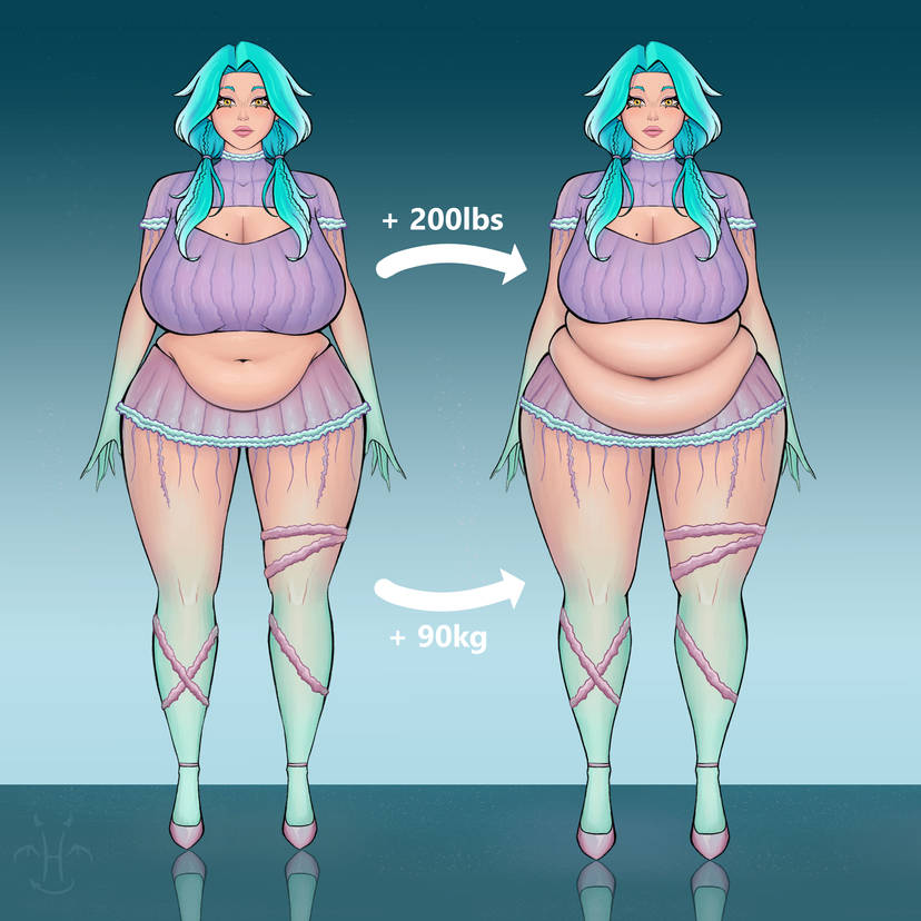 2025, 2girls, amber eyes, aqua hair, before and after, belly, belly expansion, belly folds, belly overhang, better version at source, blue skin, blue-skinned female, bottom heavy, breast shrinking, breasts, chubby, chubby female, colored, digital media (artwork), double belly, dual persona, expansion, fat, fat belly, fat female, fat rolls, fat thighs, female, female only, frilly clothing, front view, high heels, huge breasts, kekspflaumchen, light skin, light-skinned female, looking at viewer, love handles, low twintails, mole, mole on breast, muffin top, obese, obese female, oc, original character, outgrowing clothes, overweight, overweight female, pink lips, plump lips, purple shirt, purple skirt, skirt, spillage, thick, thick thighs, thigh expansion, top heavy, transformation, turra dohrnia, weight gain, yellow eyes