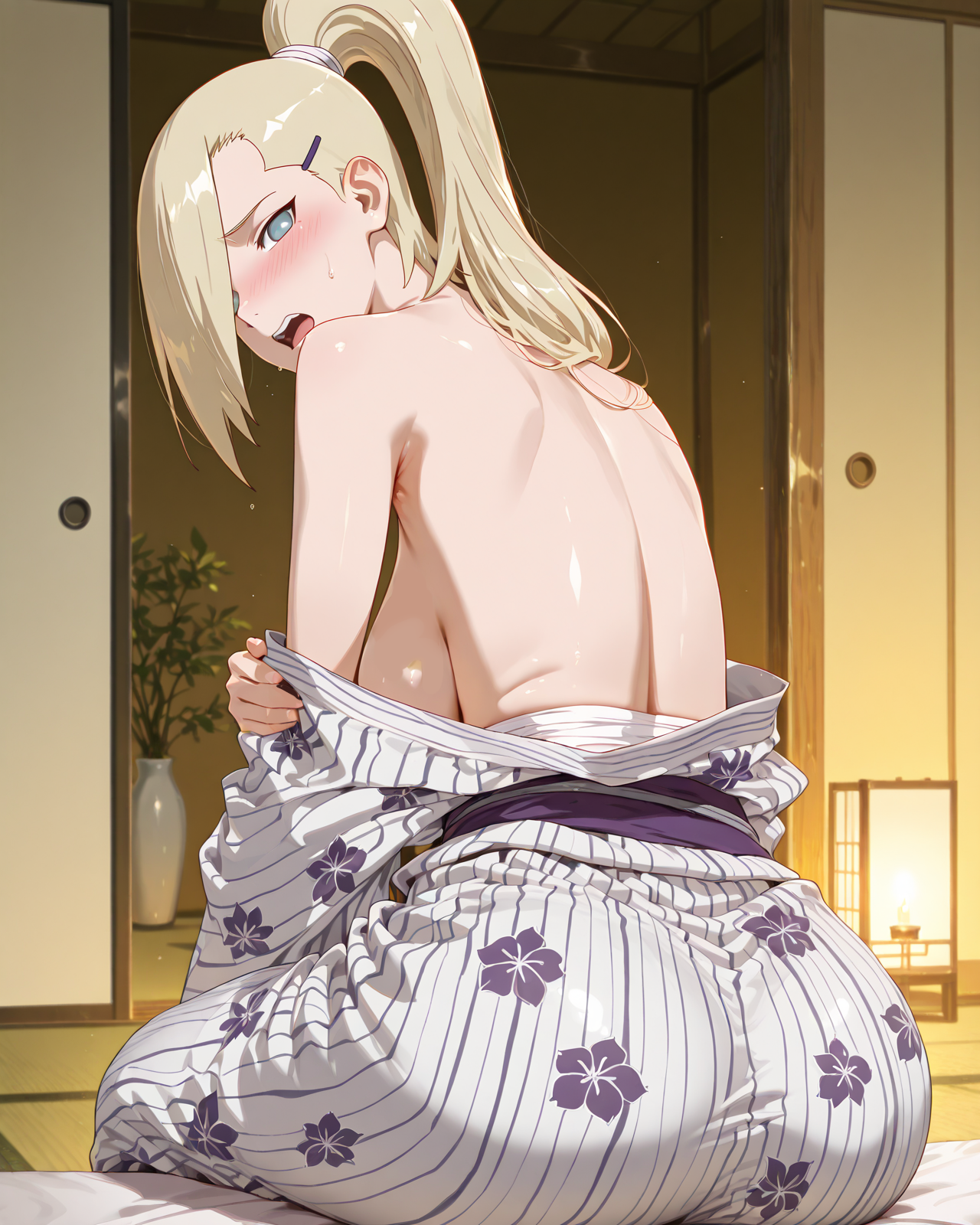 1girls, ai generated, ass, ass focus, bare back, bare shoulders, big ass, big breasts, blonde hair, boruto: naruto next generations, breasts, female, female focus, from behind, furniture, hair ornament, hair over one eye, hairclip, high resolution, indoors, ino yamanaka, japanese clothes, japanese house, kimono, light skin, light-skinned female, long hair, looking at viewer, looking back, mature, mature female, milf, naruto, naruto (series), no bra, ponytail, rear view, sideboob, solo, solo focus, sweat, tarte ai, uncensored, undressing, wide hips, yukata