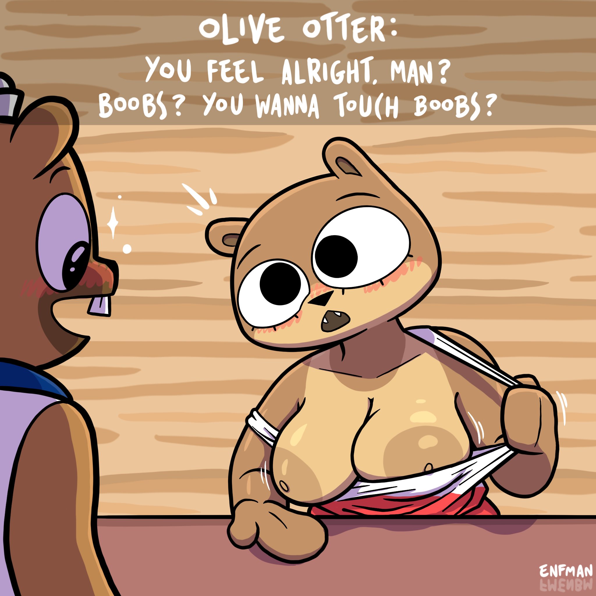 1boy, 1girls, blush, boobs? wanna touch boobs?, breasts, broadside beach, bucky beaver, female, male, meme, olive otter, shipwrecked 64, tagme, theenfman