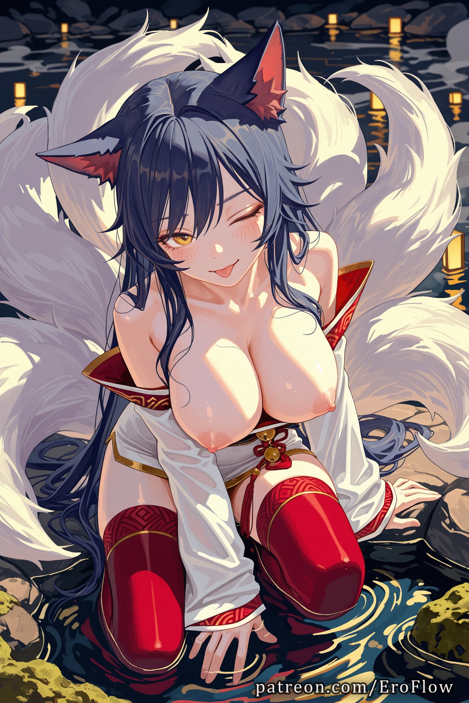 1girls, 2025, ahri, ai generated, animal ears, bangs, bare shoulders, black hair, blush, breasts, breasts out, collarbone, detached sleeves, dress, erect nipples, eroflow, facial mark, female, fox ears, fox girl, fox tail, hard nipples, hi res, highres, kneeling, korean clothes, large breasts, league of legends, league of legends: wild rift, long hair, long sleeves, looking at viewer, multi tail, nipples, one eye closed, patreon, red thighhighs, riot games, slit pupils, solo, tail, thighhighs, tongue, tongue out, very long hair, voluptuous, voluptuous female, water, wet, whisker markings, yellow eyes