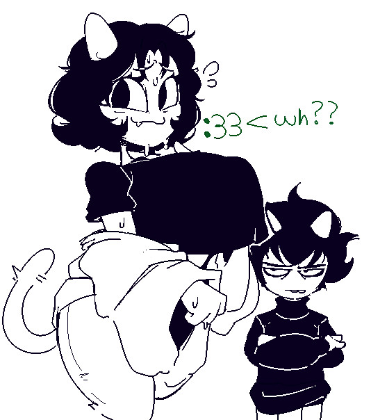 :3, :3 face, 1boy, 1girl, alternate breast size, black and white, breasts, cat tail, catgirl, confused, crop top, crop top overhang, female, gountro, homestuck, karkat vantas, large breasts, nepeta leijon, nervous, nervous smile, shirt hanging from breasts, sweat, tagme, unamused
