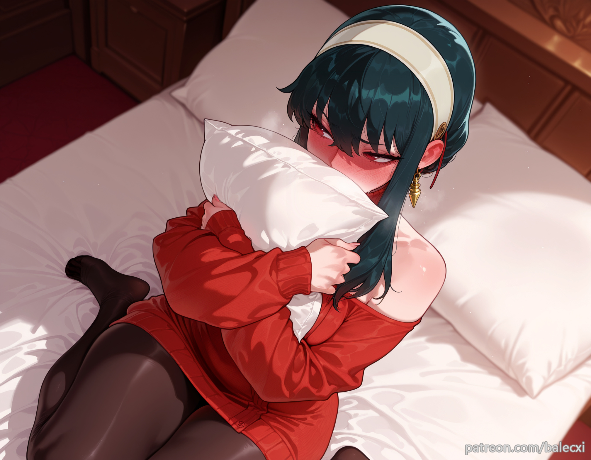 ai generated, balecxi, bare shoulders, black hair, black pantyhose, blush, breasts, dress, earrings, female, hairband, hugging object, indoors, jewelry, long sleeves, off shoulder, on bed, patreon username, pillow, pillow hug, red eyes, red sweater, sidelocks, sitting, solo, spy x family, thighs, wariza, web address, yor briar, yor forger