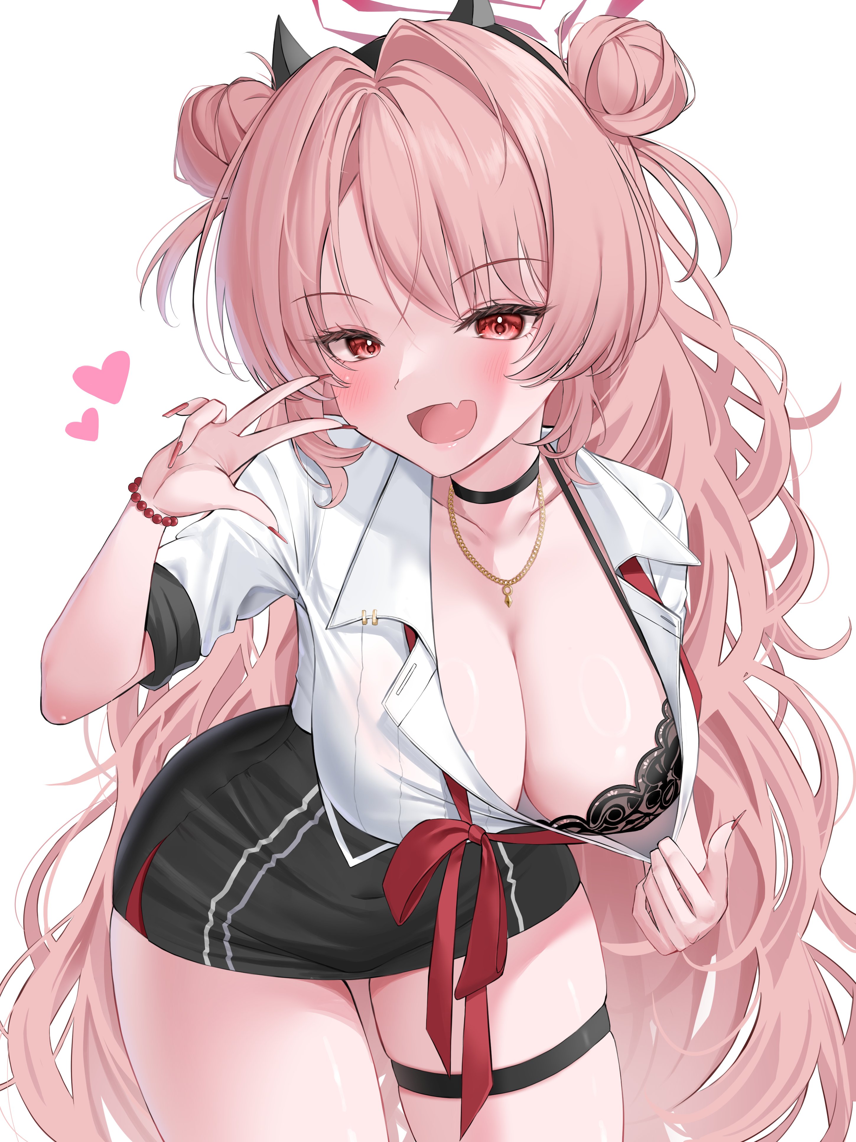 :d, absurdres, bead necklace, beads, black bra, black choker, black skirt, blue archive, blush, bow, bowtie, bra, breasts, choker, cleavage, collared shirt, commentary request, cowboy shot, curvy, demon horns, double bun, eyelashes, fake horns, female, fingernails, gyaru, hair between eyes, hair bun, hair intakes, halo, hand up, happy, heart, highres, horns, jewelry, kirara (blue archive), kogal, large breasts, leaning forward, long fingernails, long hair, long sleeves, nail polish, necklace, oerba yun fang, open mouth, pencil skirt, pink hair, presenting breasts, red bow, red bowtie, red eyes, red halo, red nails, school uniform, shiny skin, shirt, simple background, skin fang, skindentation, skirt, sleeves rolled up, smile, solo, thigh strap, thighs, tsurime, two side up, underwear, very long hair, wavy hair, wfa5051, white background, white shirt
