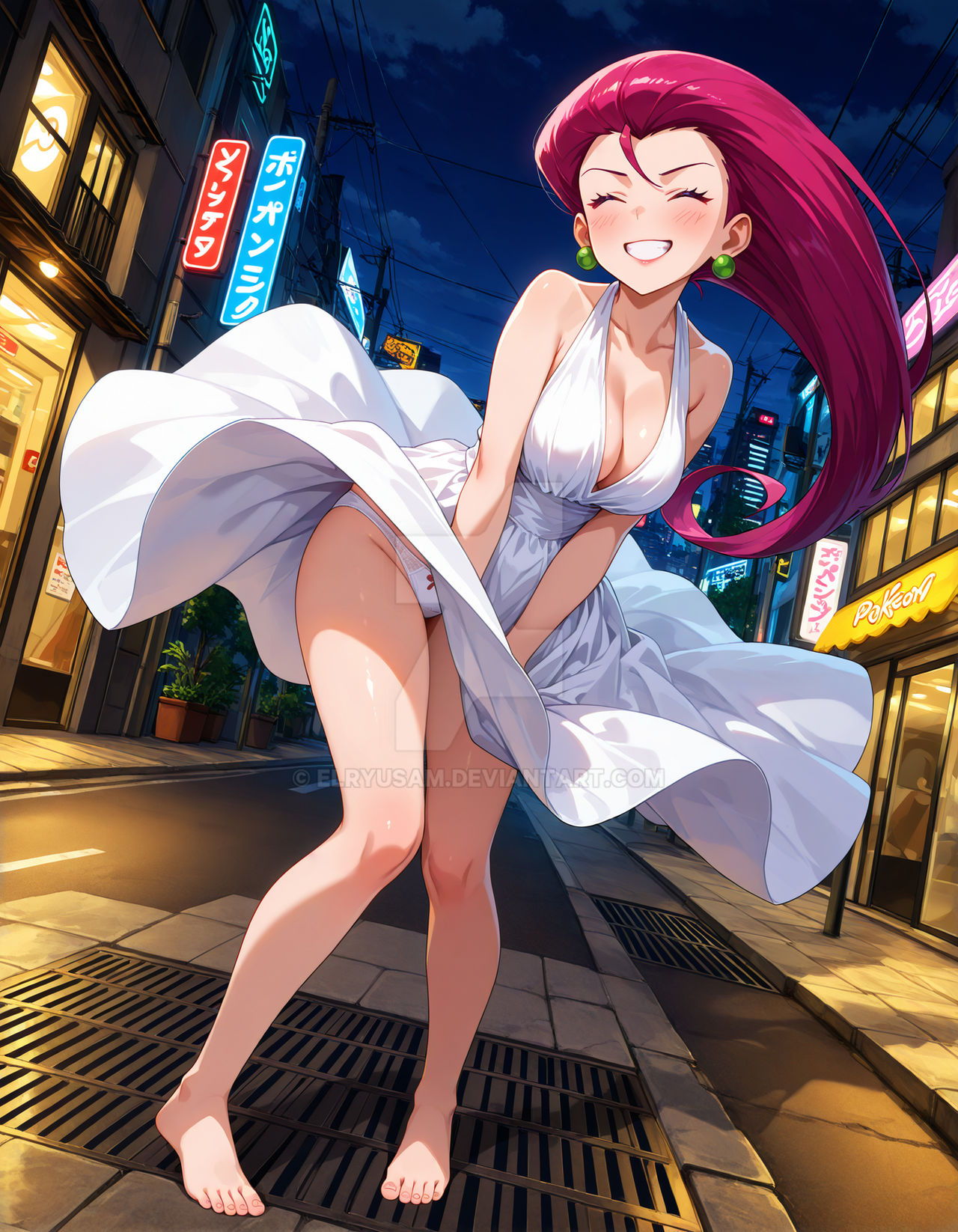1girls, 2025, 4kids entertainment, ai generated, anime, barefeet, barefoot, city, closed eyes, deviantart, elryusam, embarrassed female, female, green earrings, jessie (pokemon), looking at viewer, marilyn monroe, marilyn monroe (cosplay), nintendo, panties, panties visible through clothes, panties visible through clothing, pink hair, pokemon, smile, smile at viewer, smiling at viewer, solo, team rocket, the seven year itch, white dress, white panties, wind lift
